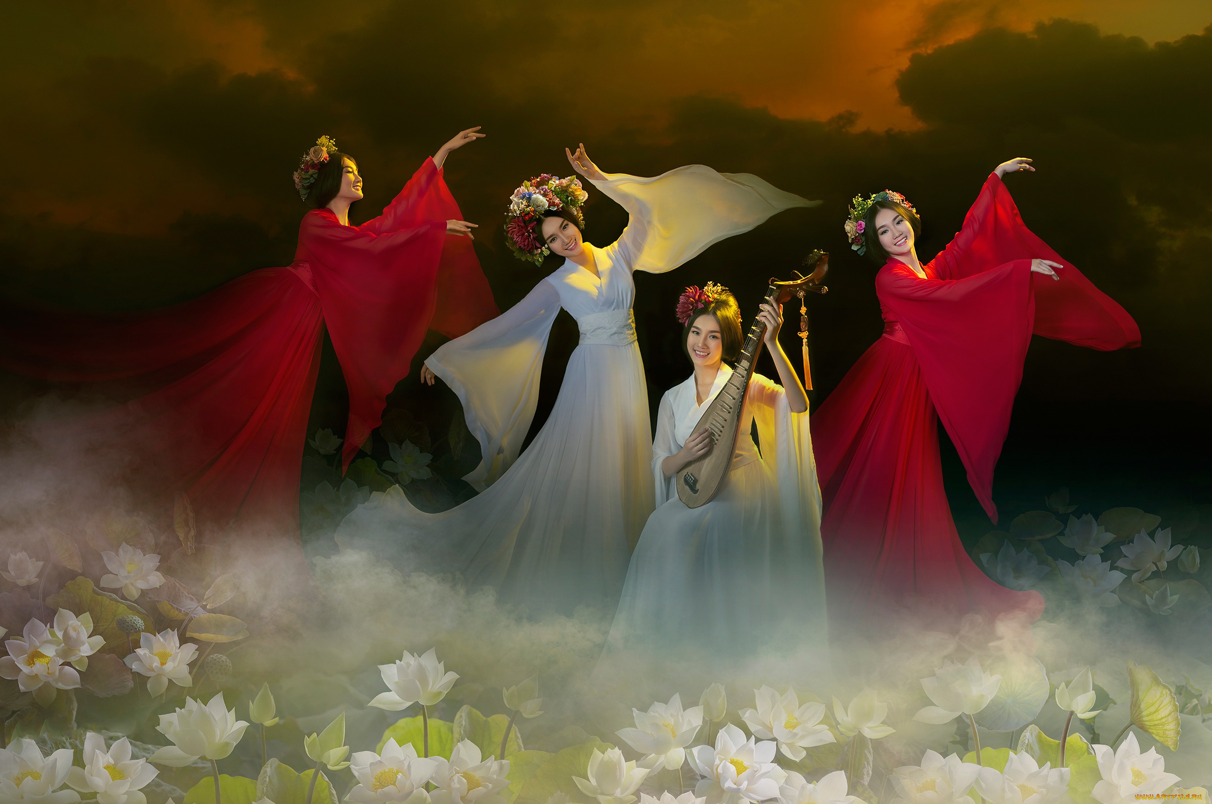 музыка, -другое, азиатский, лотосы, лютня, фон, природа, азиатка, танцуют, квартет, туман, красавицы, позы, платье, руки, танцы, венок, нимфы, девушки
