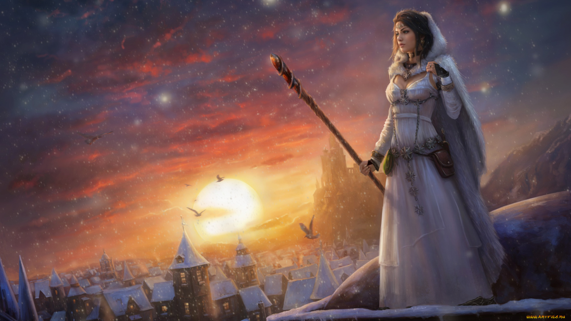 фэнтези, девушки, восход, посох, фон, город, девушка