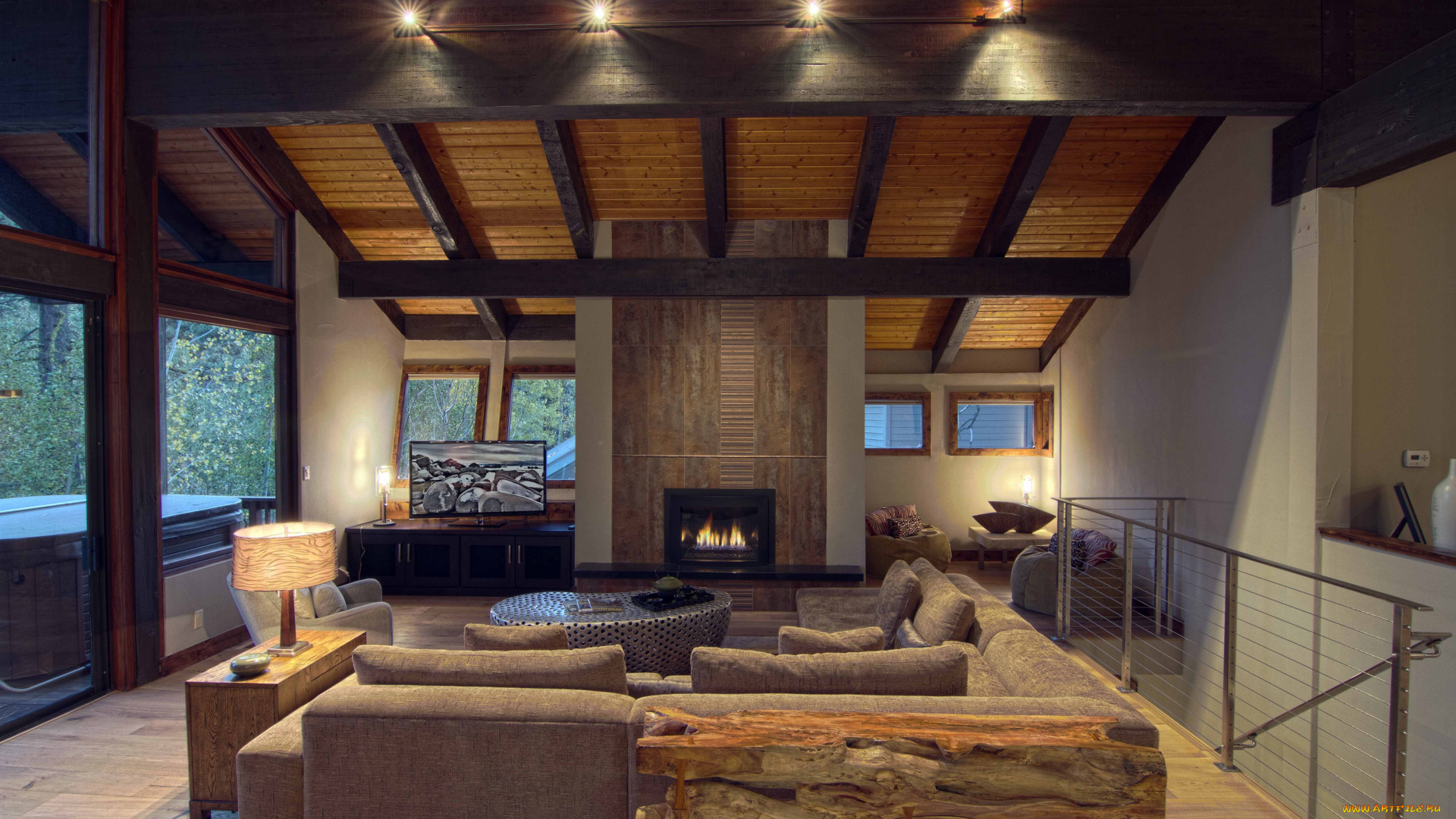 интерьер, гостиная, телевизор, камин, столик, торшер, диваны