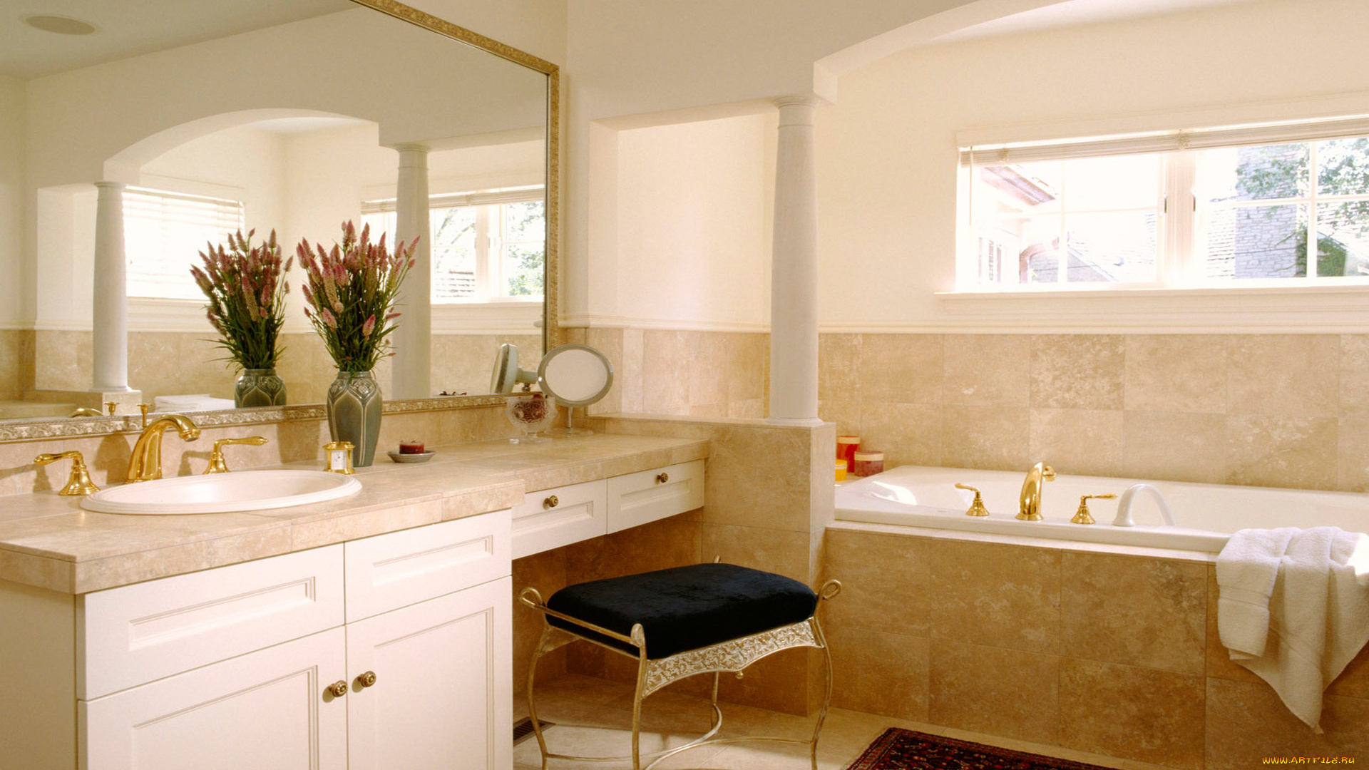интерьер, ванная, и, туалетная, комнаты, банкетка, зеркало, окно, ванна, раковина