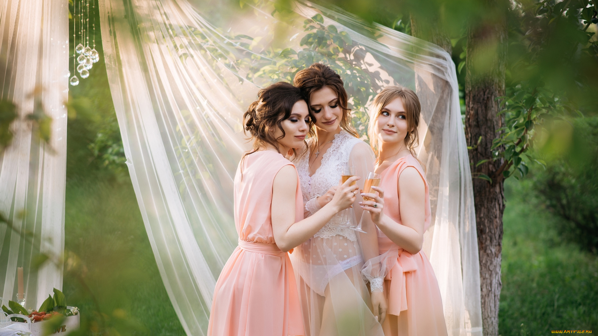 девушки, -, группа, девушек, подружки, невеста, бокалы, вино