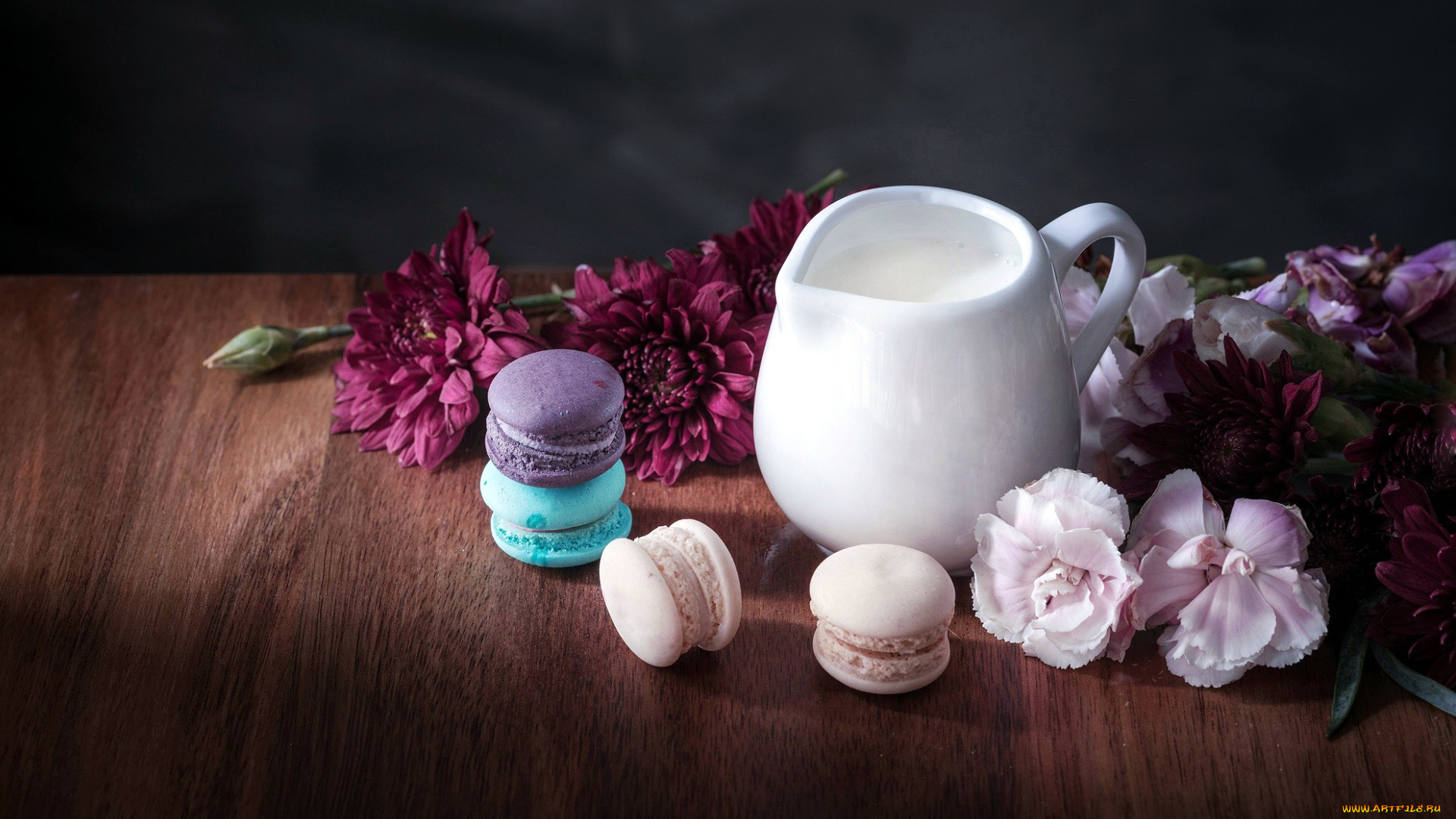 еда, макаруны, гвоздика, молоко, хризантемы