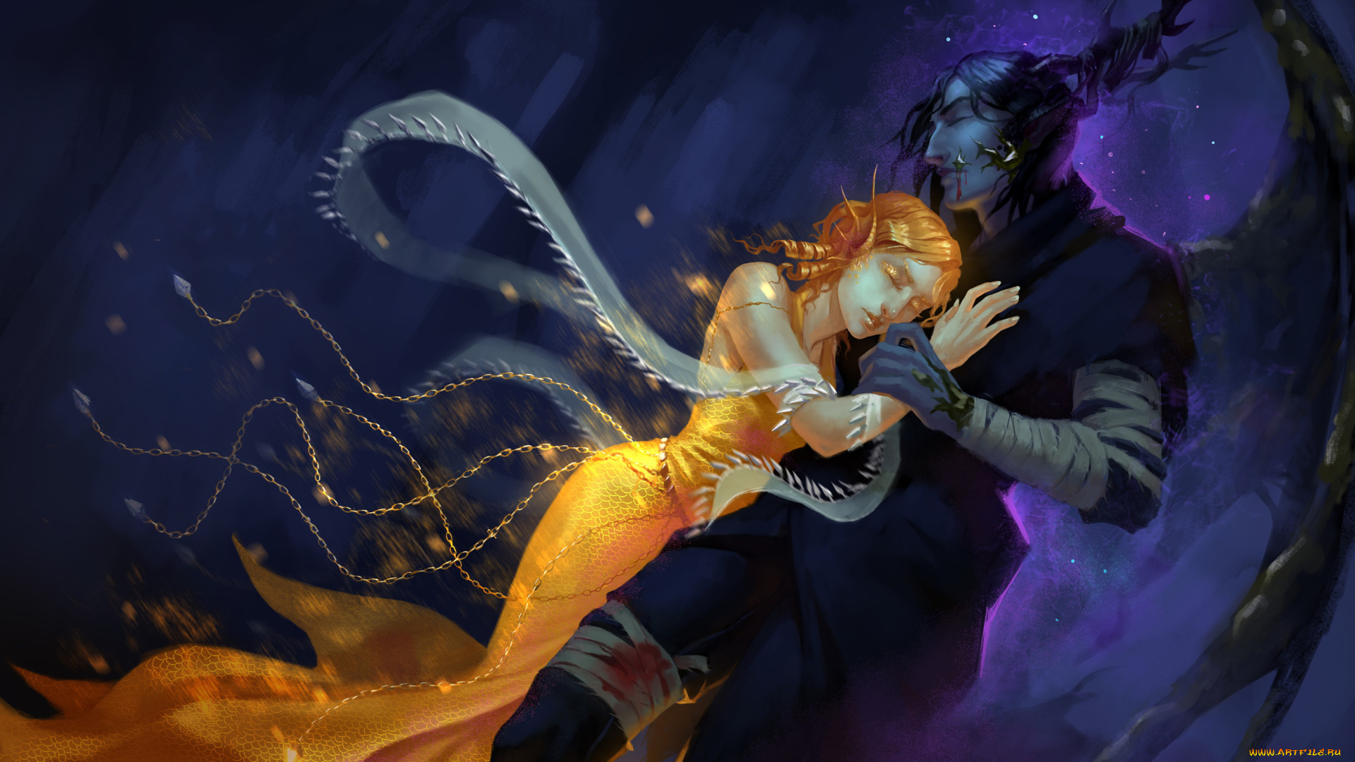 фэнтези, существа, девушка, мужчина, фон, объятия