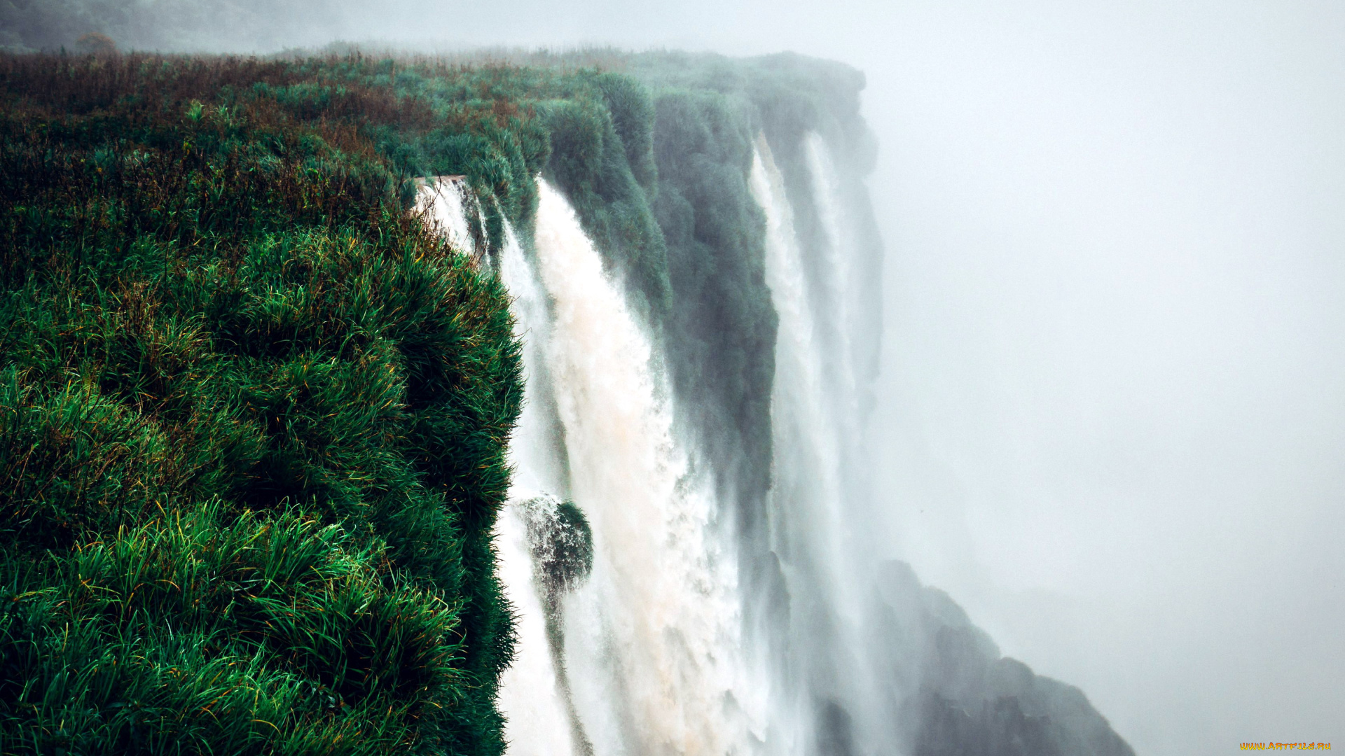 природа, водопады, водопад, туман, трава, обрыв