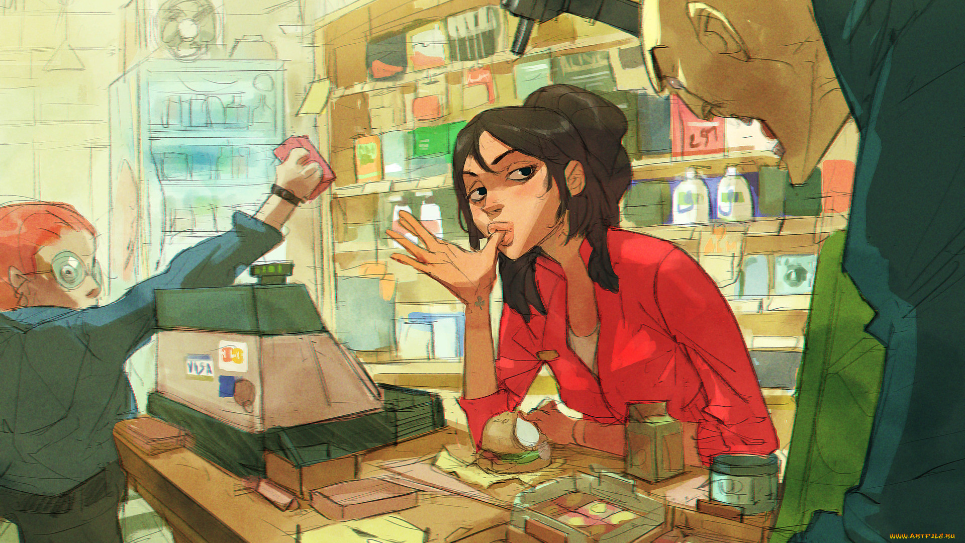 рисованное, люди, мальчик, магазин, девушка, ограбление