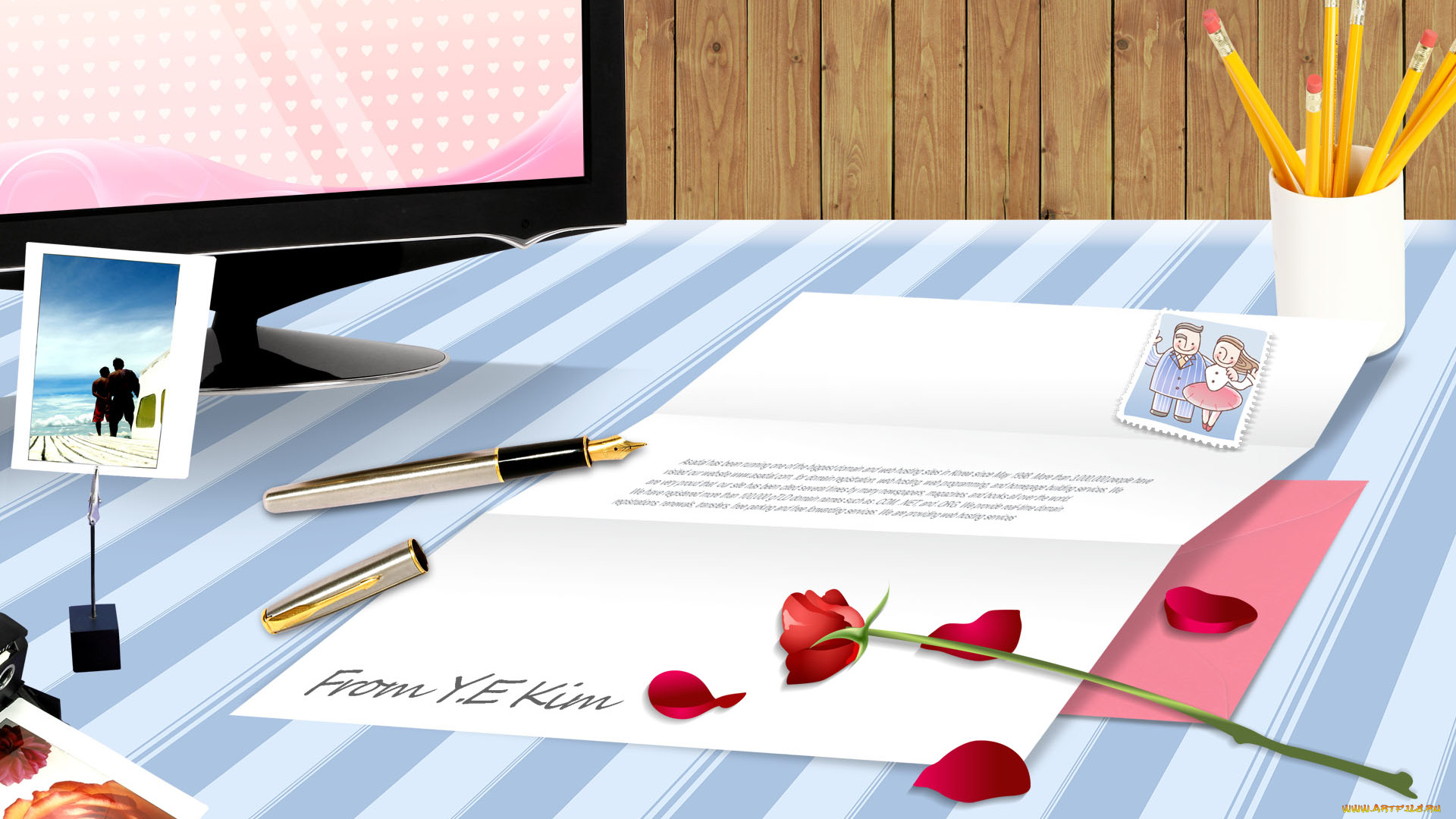 векторная, графика, монитор, фото, стол, ручка, письмо, карандаши, роза