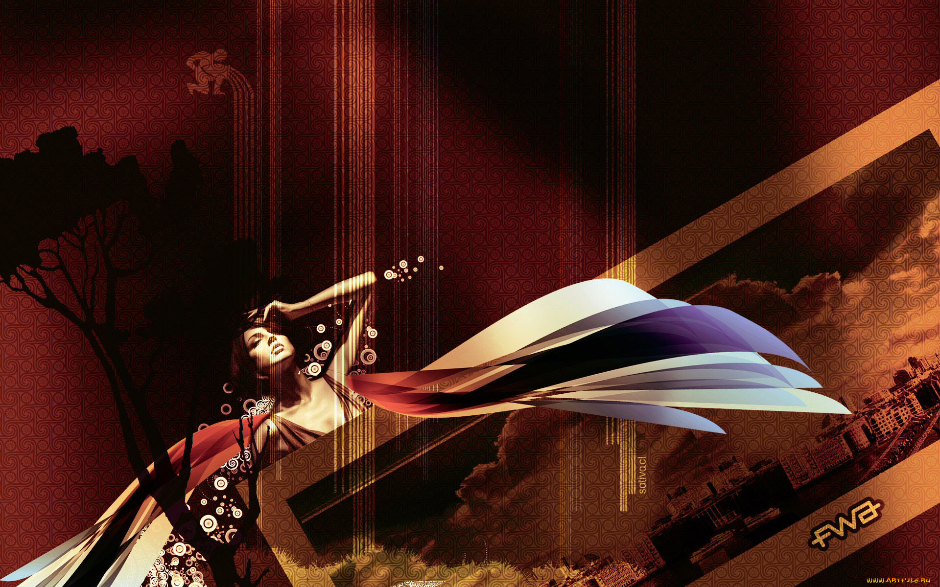 векторная, графика, девушки, , girls, водолей, дерево, девушка, город