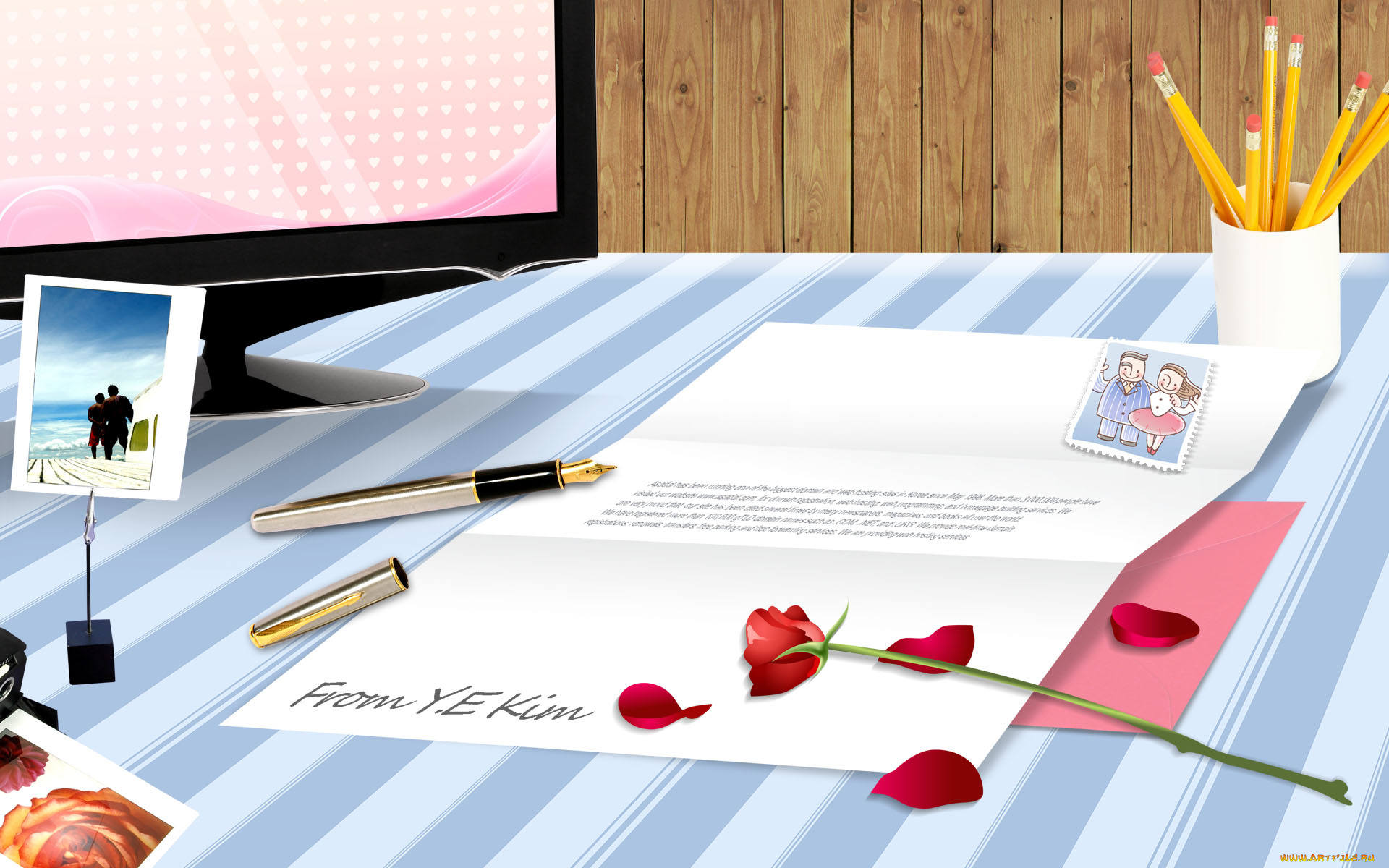 векторная, графика, монитор, фото, стол, ручка, письмо, карандаши, роза