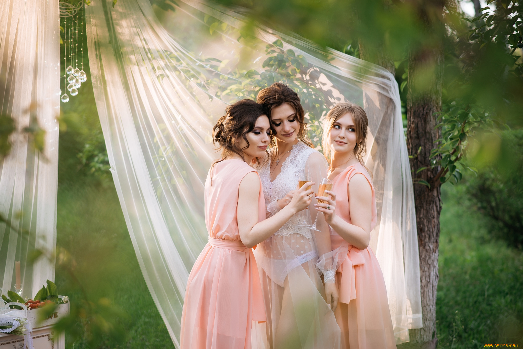 девушки, -, группа, девушек, подружки, невеста, бокалы, вино