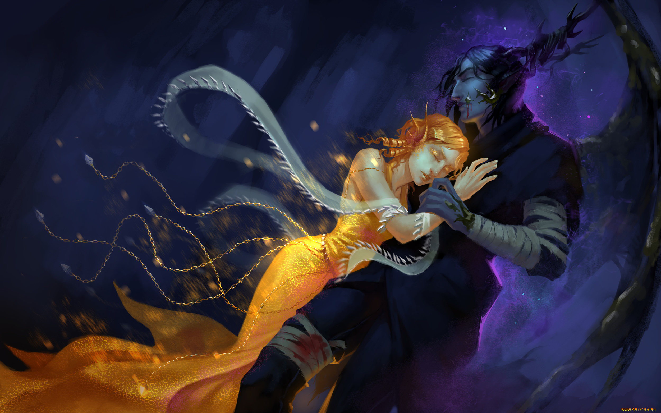 фэнтези, существа, девушка, мужчина, фон, объятия