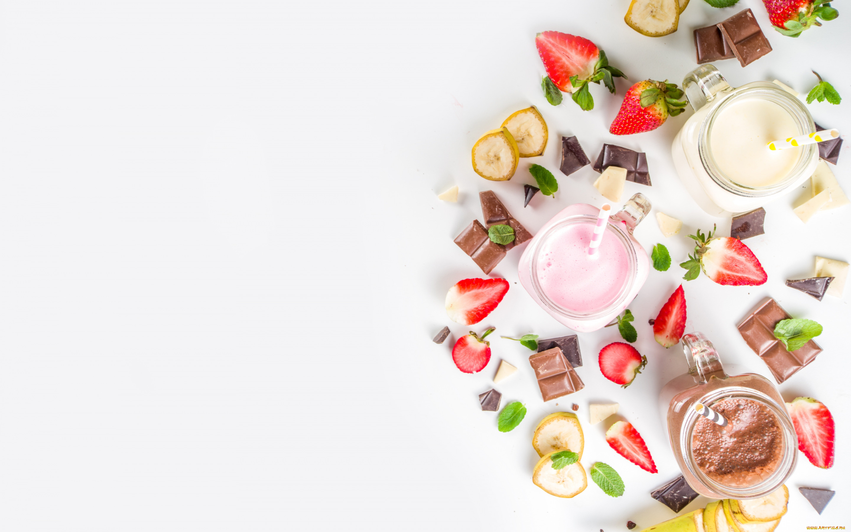 еда, напитки, , коктейль, ягоды, шоколад, клубника, баночки, фрукты, банан, смузи