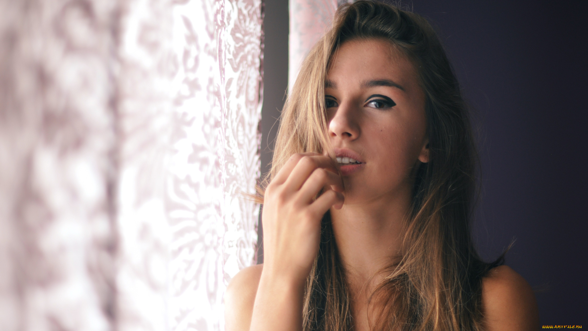 девушки, -, лица, , портреты, блондинка, лицо, шторы
