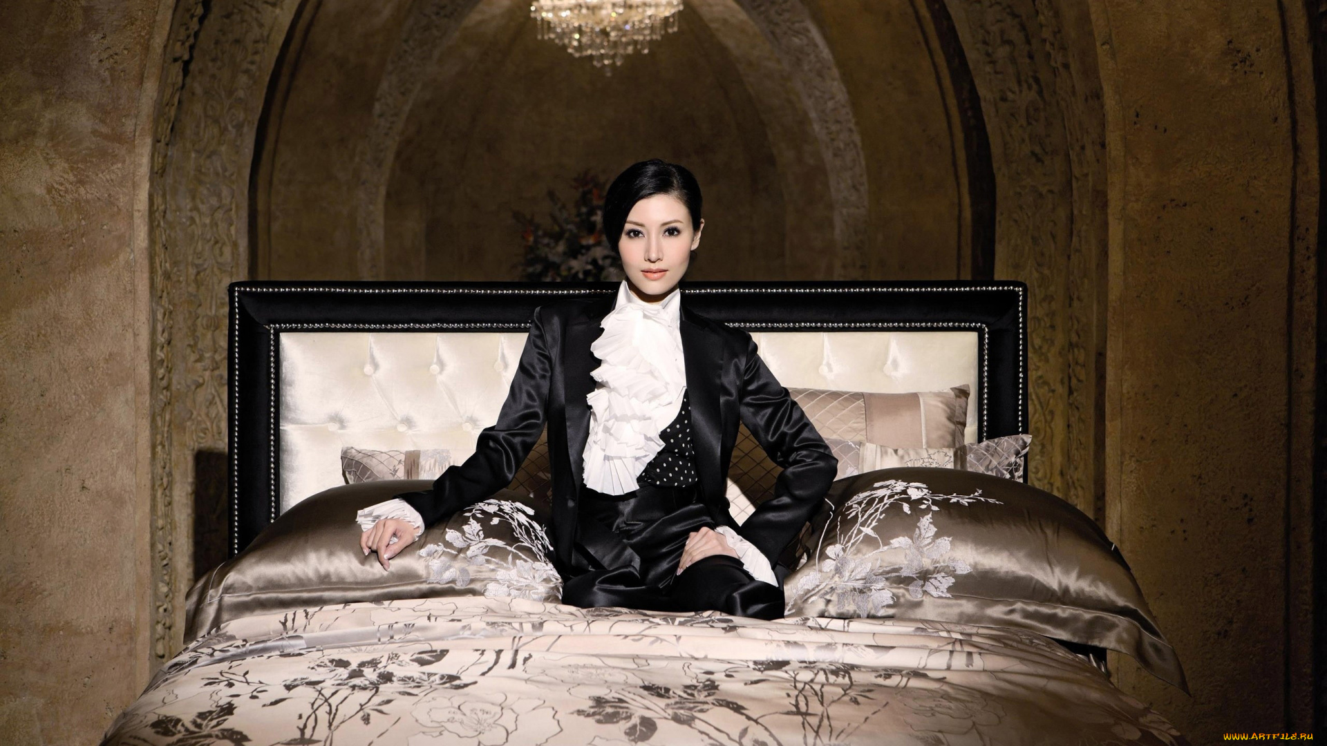 девушки, li, bingbing, азиатка, постель, поза