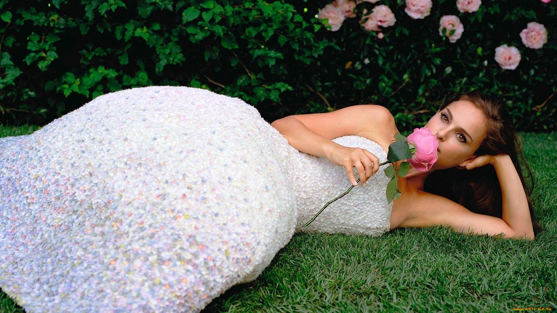 девушки, natalie, portman, платье, поза, роза