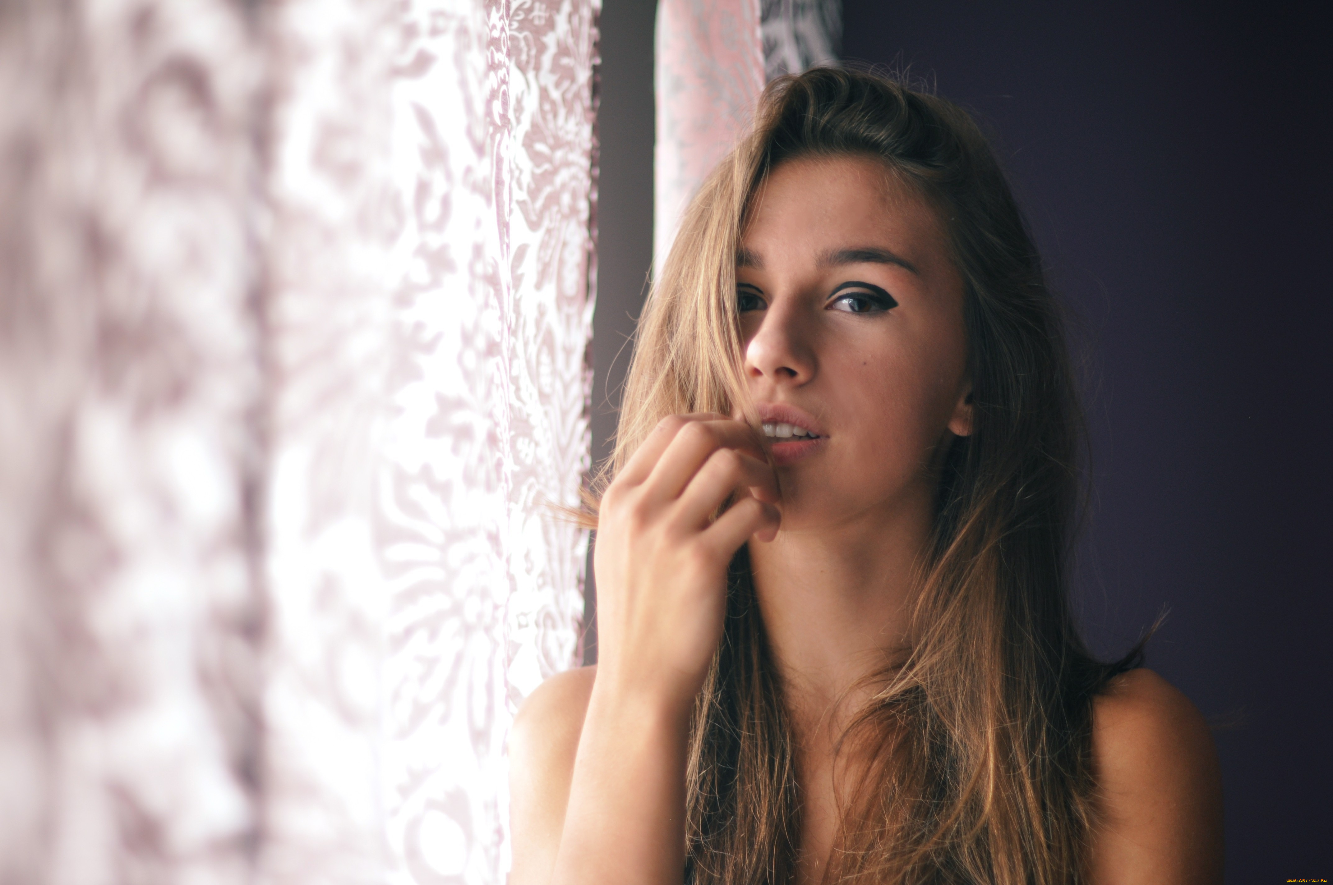 девушки, -, лица, , портреты, блондинка, лицо, шторы