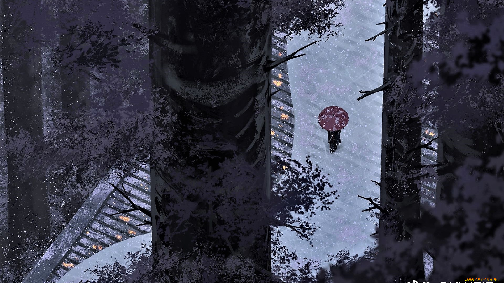 фэнтези, _guweiz, девушка, зонт, снег, лес, лестница