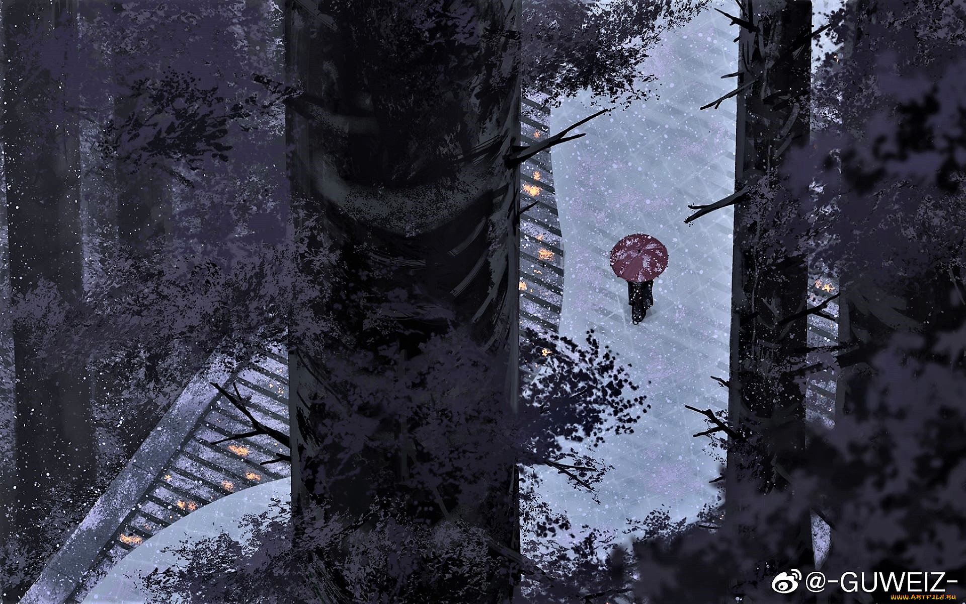 фэнтези, _guweiz, девушка, зонт, снег, лес, лестница