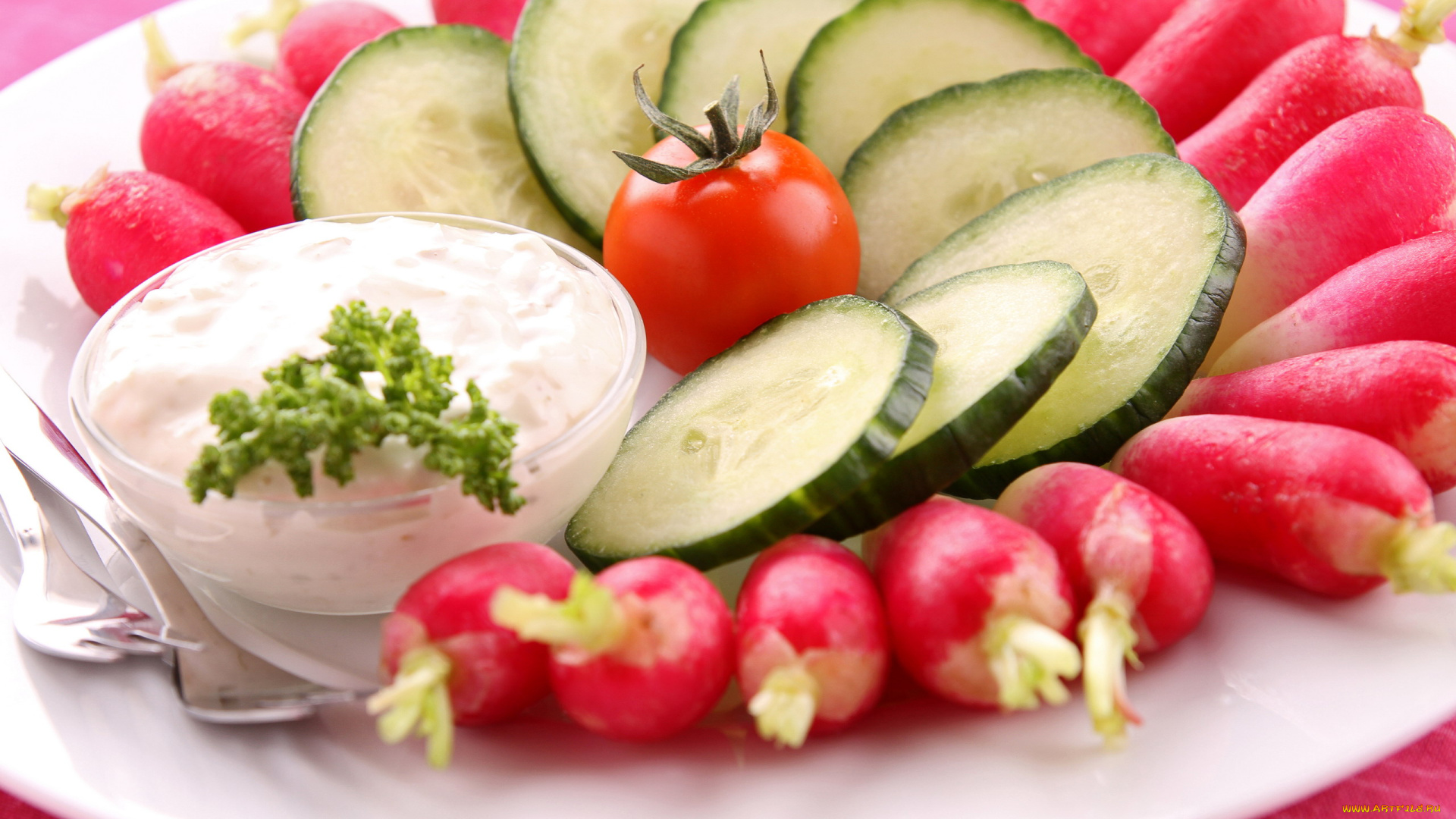 еда, овощи, редис, огурец, помидор, соус