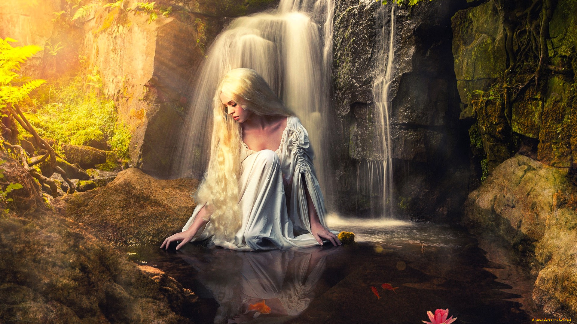 девушки, -, блондинки, , светловолосые, блондинка, водопад, цветы