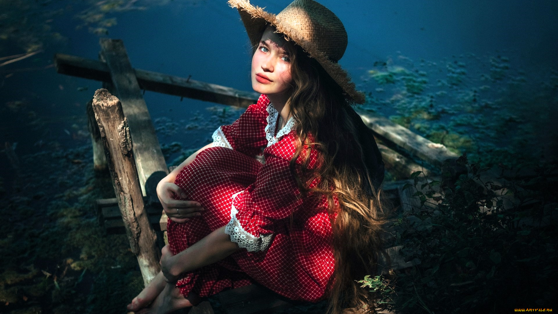 девушки, -, брюнетки, , шатенки, русая, шляпа, платье, озеро, бревна