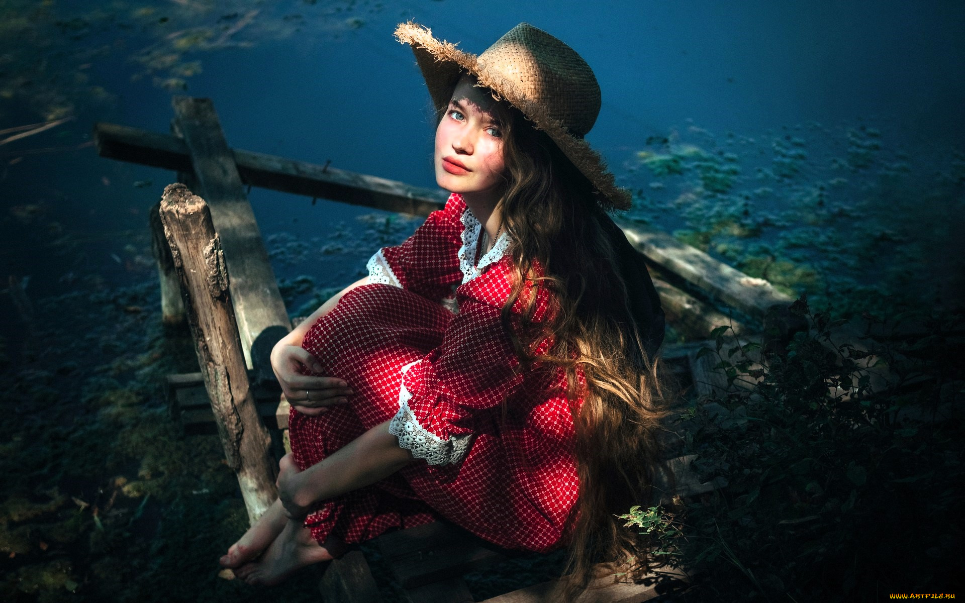 девушки, -, брюнетки, , шатенки, русая, шляпа, платье, озеро, бревна