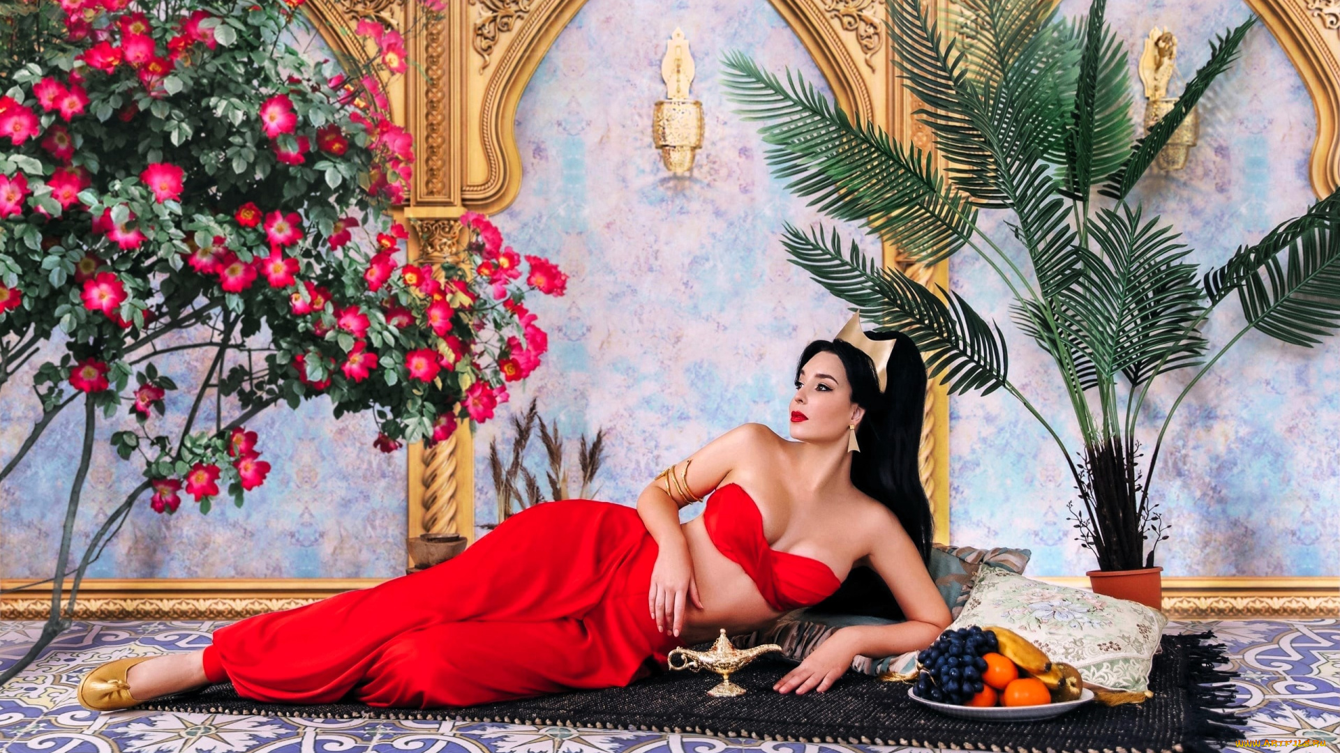 девушки, анна, шаховская, образ, косплей, наряд, цветы, дворец, фрукты, лампа, пальма, ковер