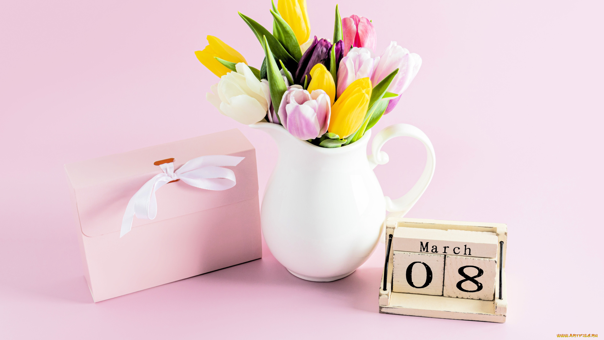 праздничные, международный, женский, день, -, 8, марта, конверт, кувшин, тюльпаны, дата