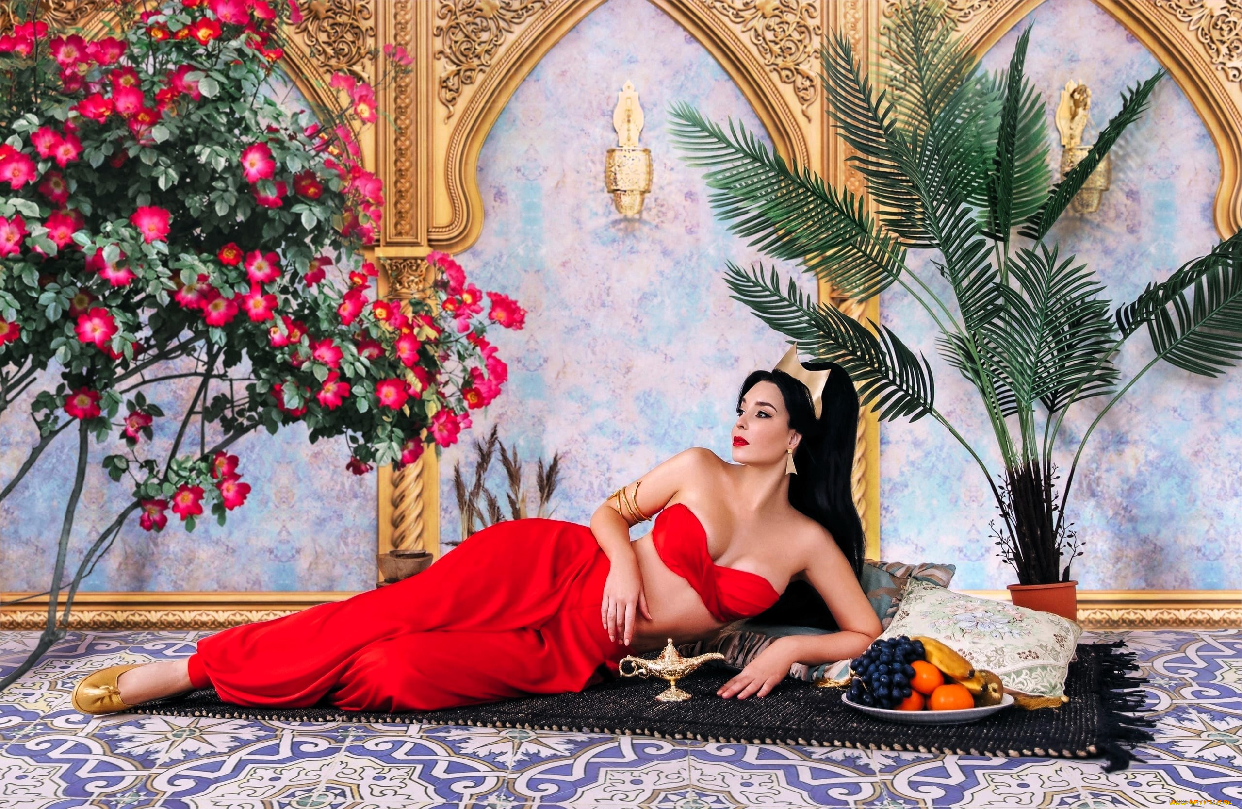 девушки, анна, шаховская, образ, косплей, наряд, цветы, дворец, фрукты, лампа, пальма, ковер