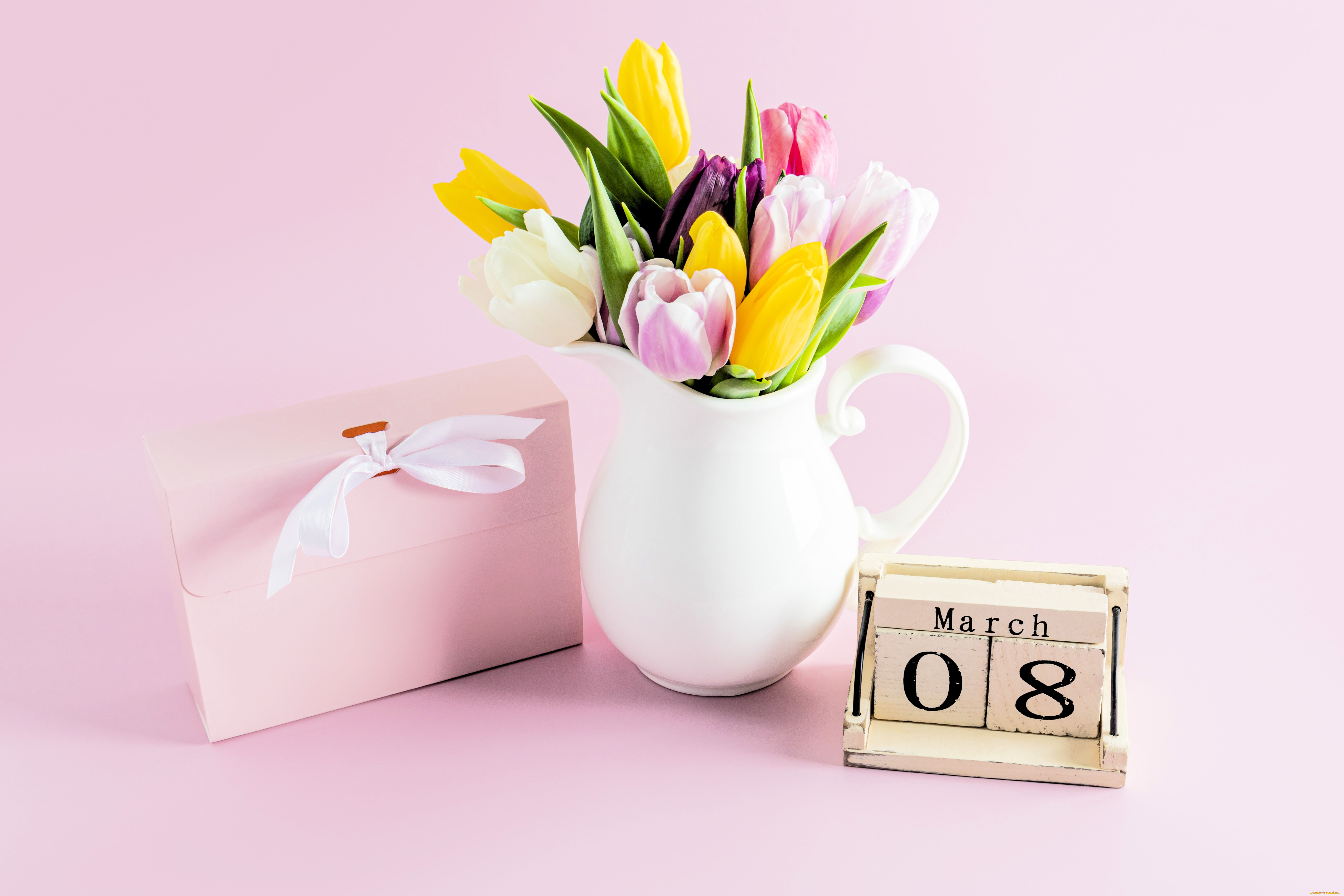 праздничные, международный, женский, день, -, 8, марта, конверт, кувшин, тюльпаны, дата