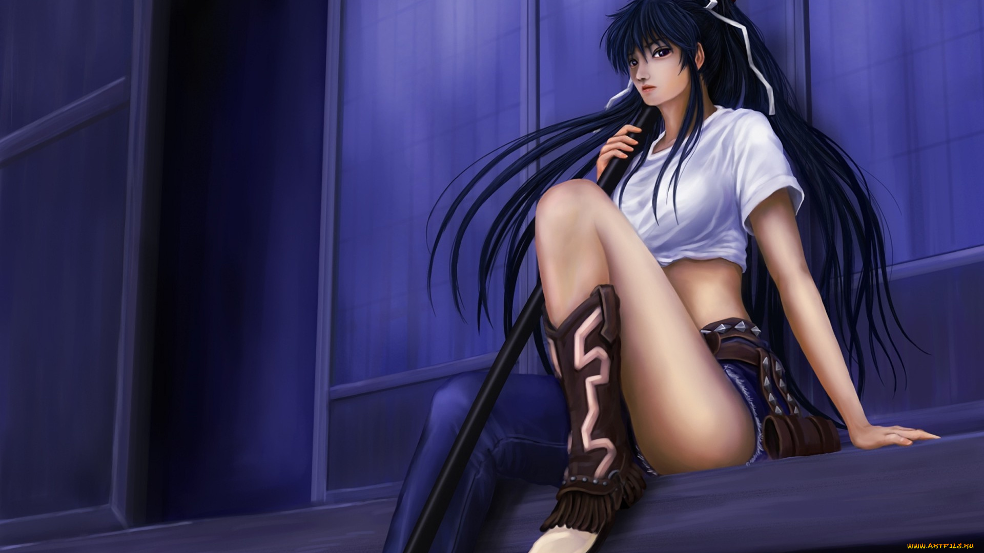 аниме, toaru, majutsu, no, index, джинсы, сидя, девушка, kanzaki, kaori, меч, катана, ebi, to, aru