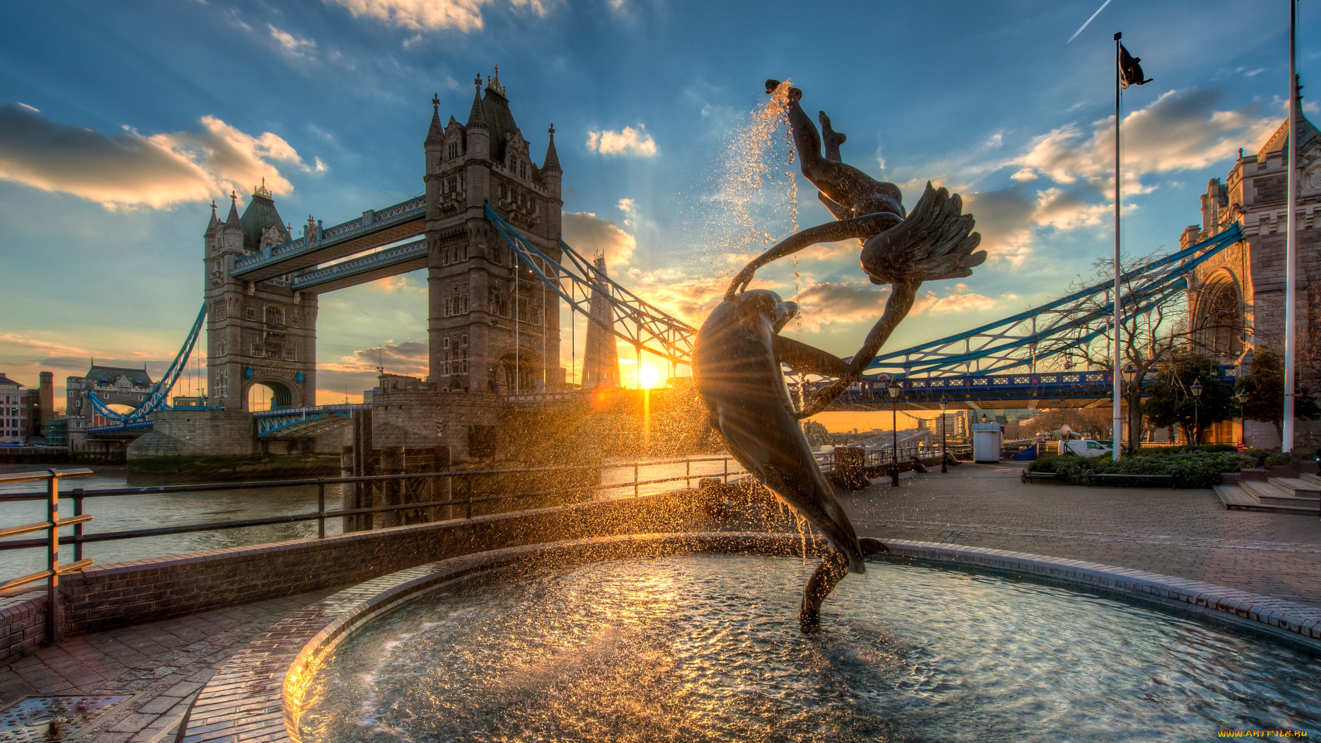 города, лондон, великобритания, фонтан, мост, темза