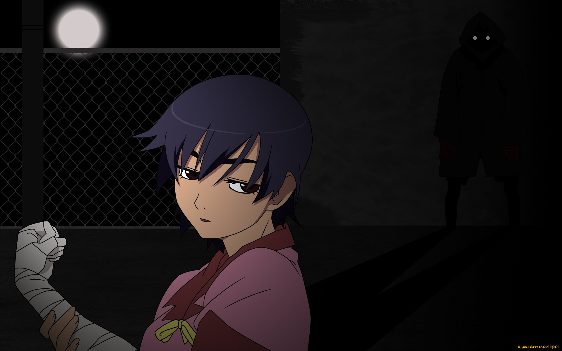 bakemonogatari, аниме, kanbaru, suruga, девушка, форма, бинт, луна, полнолуние, глаза, лента