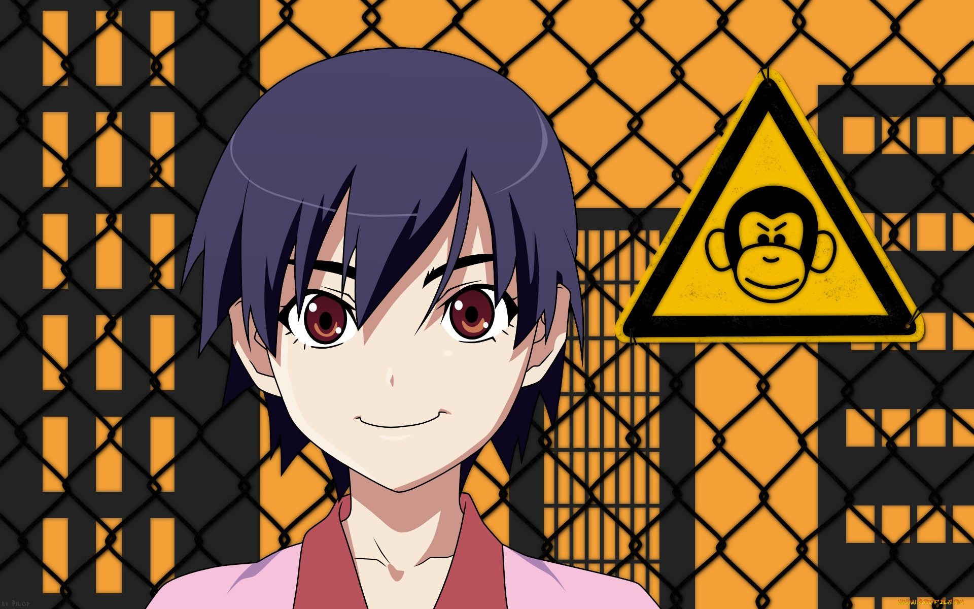 bakemonogatari, аниме, kanbaru, suruga, девушка, форма, сетка, дом, обезьяна, знак