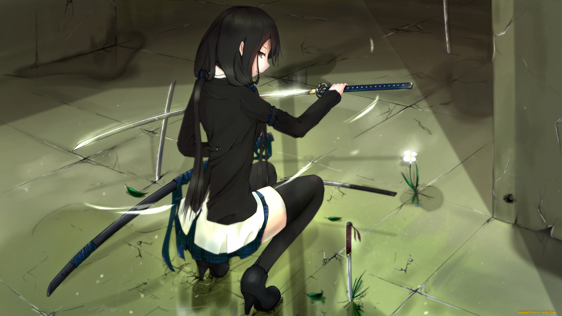 by, kikivi, аниме, weapon, blood, technology, девушка, катана, нож, цветок, пол, каблуки, форма