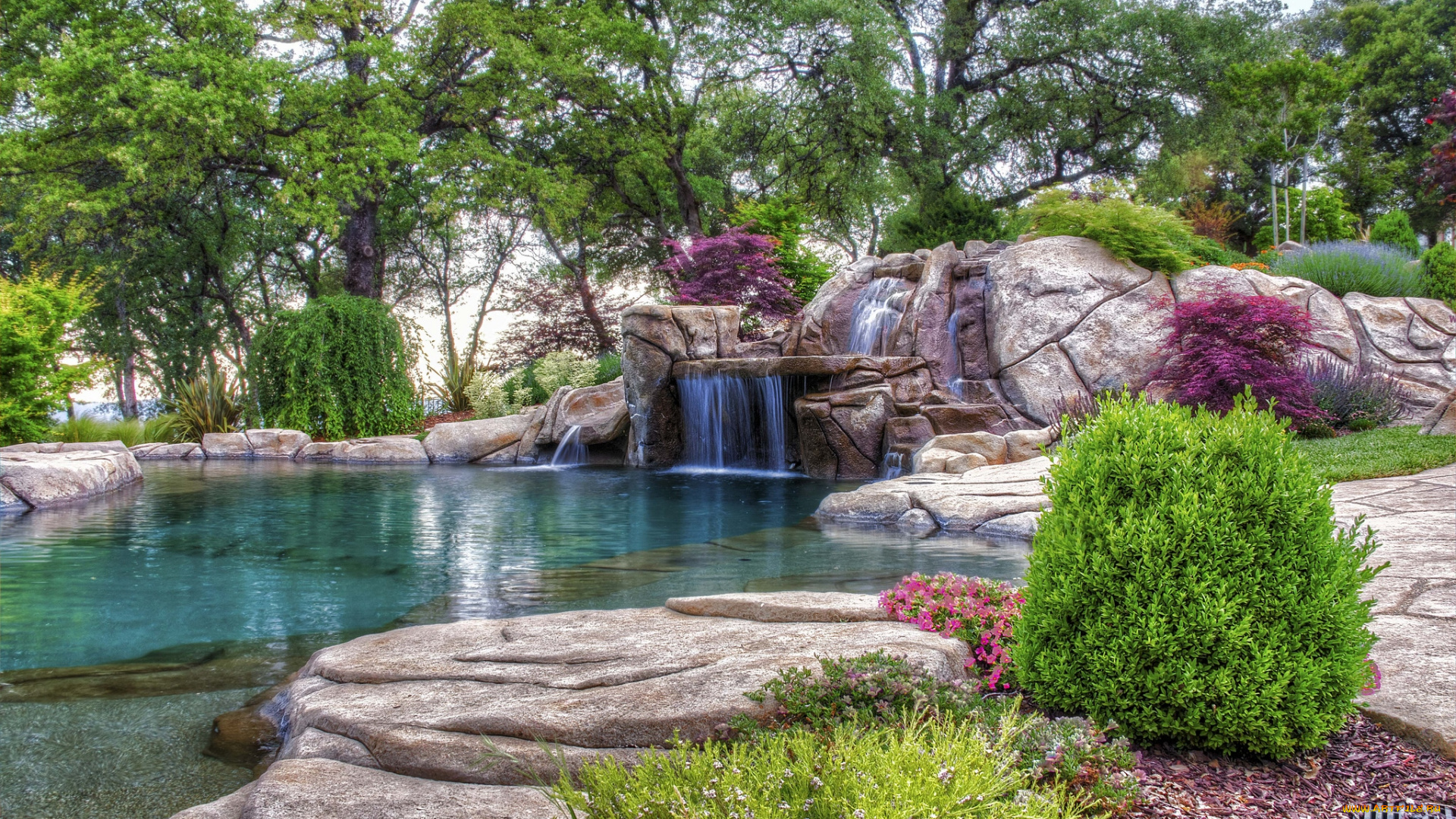 природа, парк, вода, водопад, камни, деревья