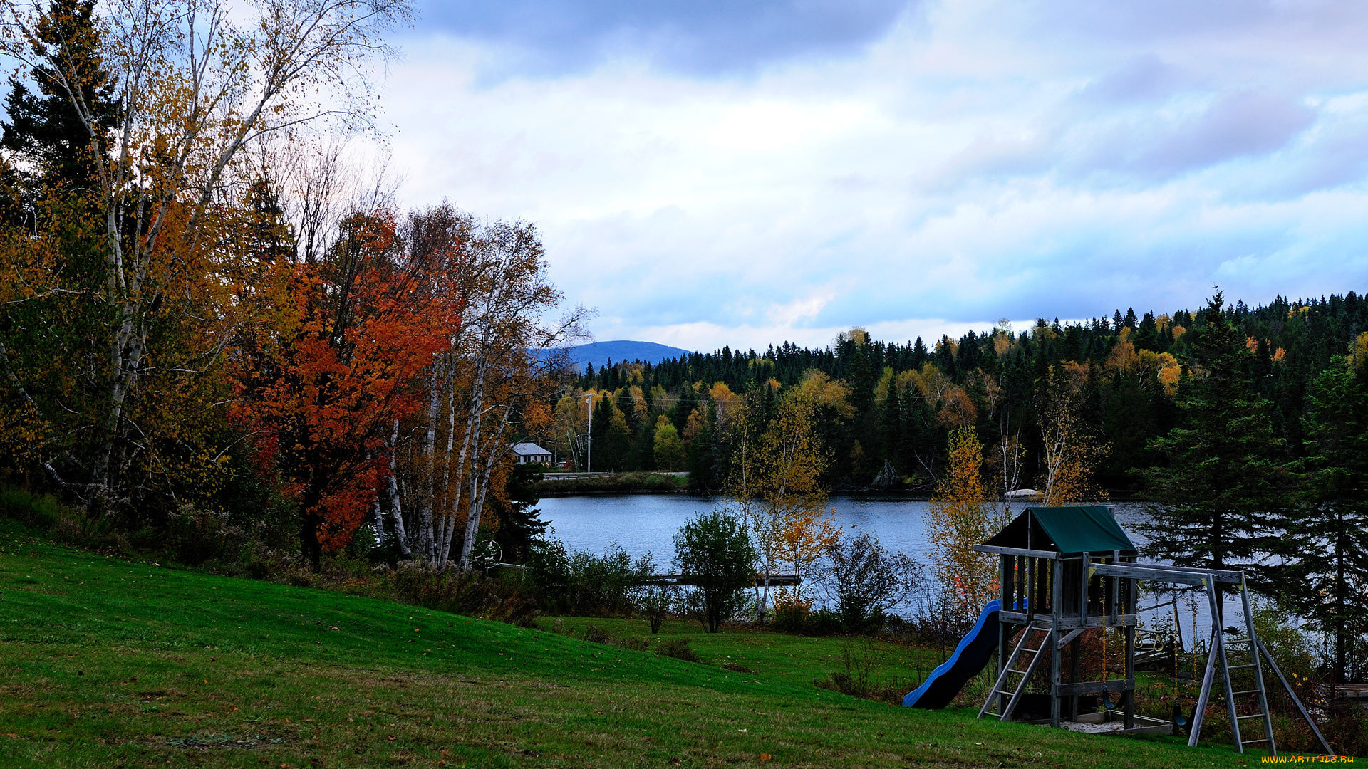 природа, реки, озера, пейзаж, горка, деревья, осень