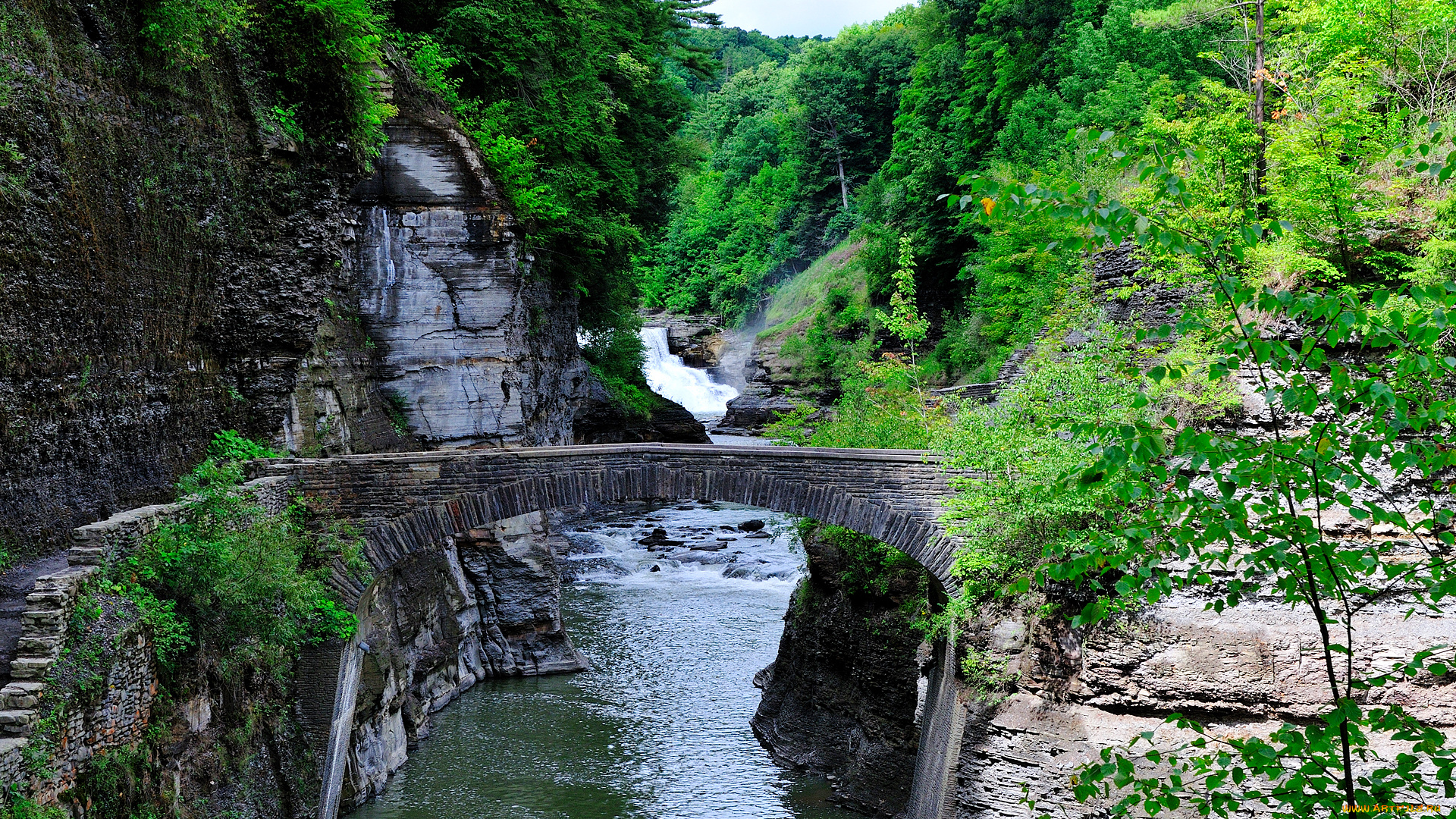 природа, реки, озера, река, пейзаж, деревья, скалы, мост, ступеньки