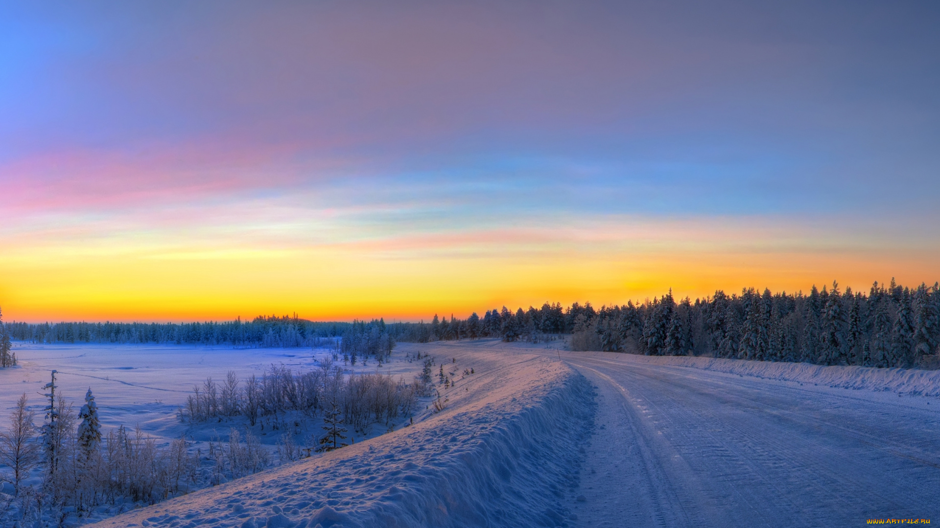 природа, зима, закат, дорога, пейзаж