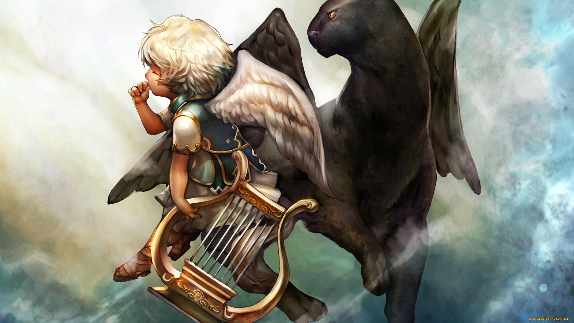 аниме, -angels, &, demons, арфа, крылья, пантера, животное, ангел, парень, gd, choco, арт