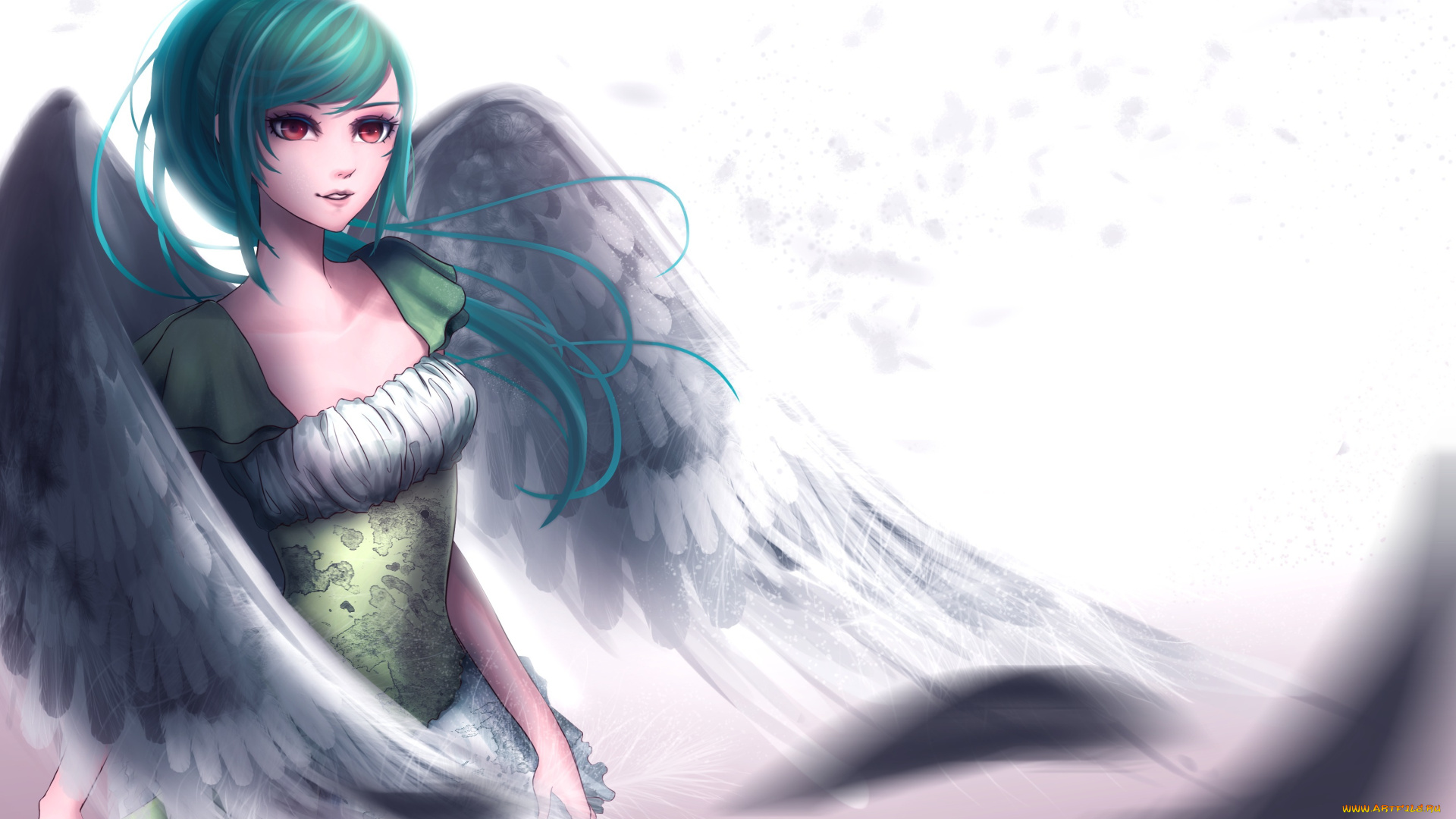 аниме, -angels, &, demons, art, eropupepo, ангел, крылья, улыбка, взгляд, девушка