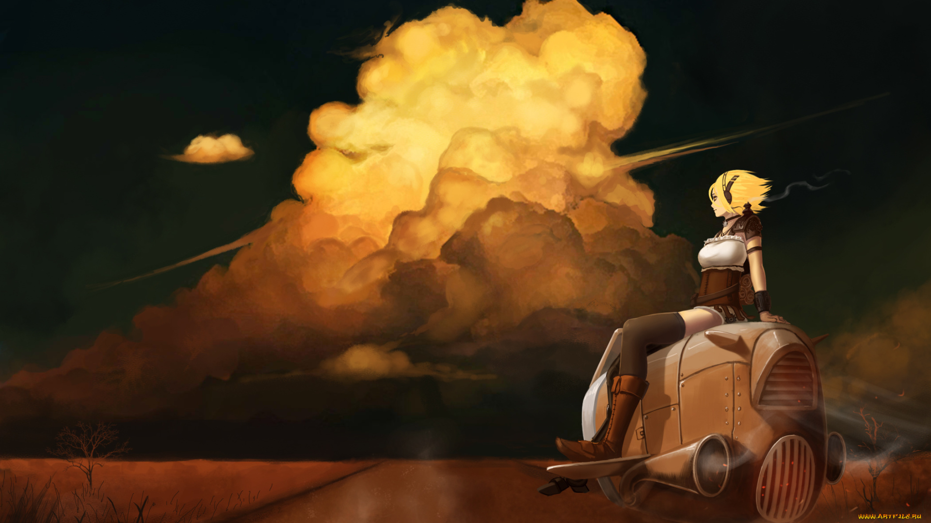 аниме, instrumental, , technology, &, technology, дорога, wei, ji, наушники, природа, облака, небо, арт, headphones