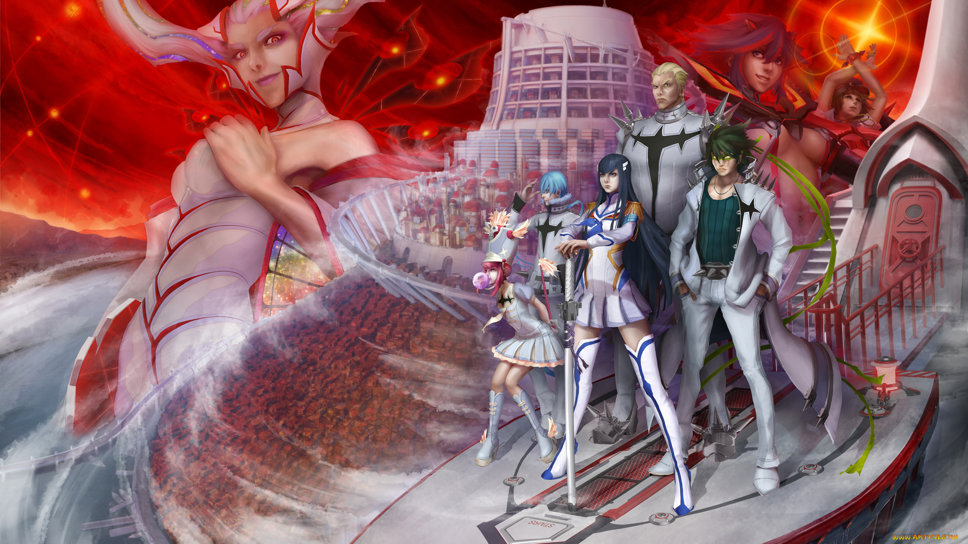 аниме, kill, la, kill, парни, sanageyama, uzu, matoi, ryuuko, gamagoori, ira, персонажи, школа, магия, mankanshoku, mako, jakuzure, nonon, inumuta, houka, kill, la, оружие, улыбка, девушки, ixtian, art, kiryuuin, ragyou, satsuki, взгляд