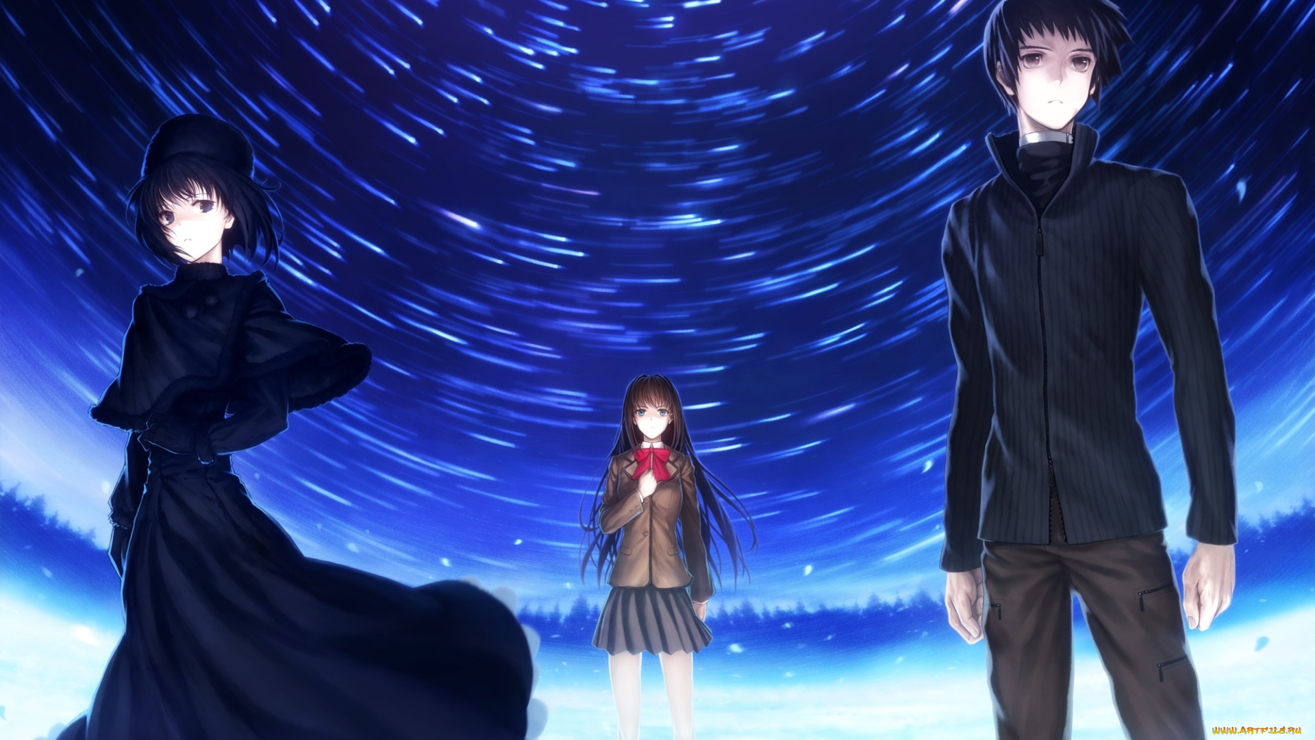 аниме, mahou, tsukai, no, yoru, ночь, shizuki, soujuurou, kuonji, alice, aozaki, aoko, парень, девушки, mahou, tsukai, no, yoru, lain, арт, лес, школьница, звезды