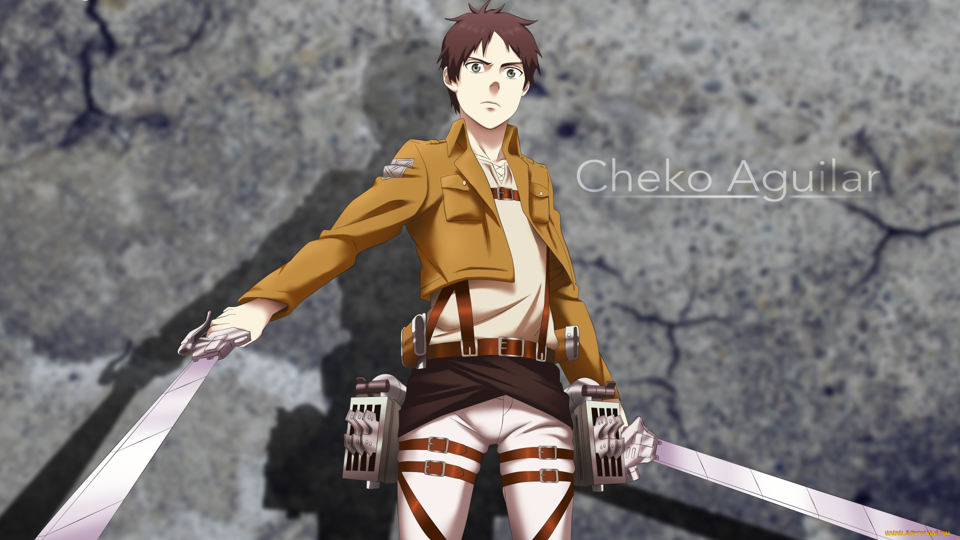 аниме, shingeki, no, kyojin, cheko, aguilar, арт, солдат, форма, мечи, серьёзность, парень, титанов, атака