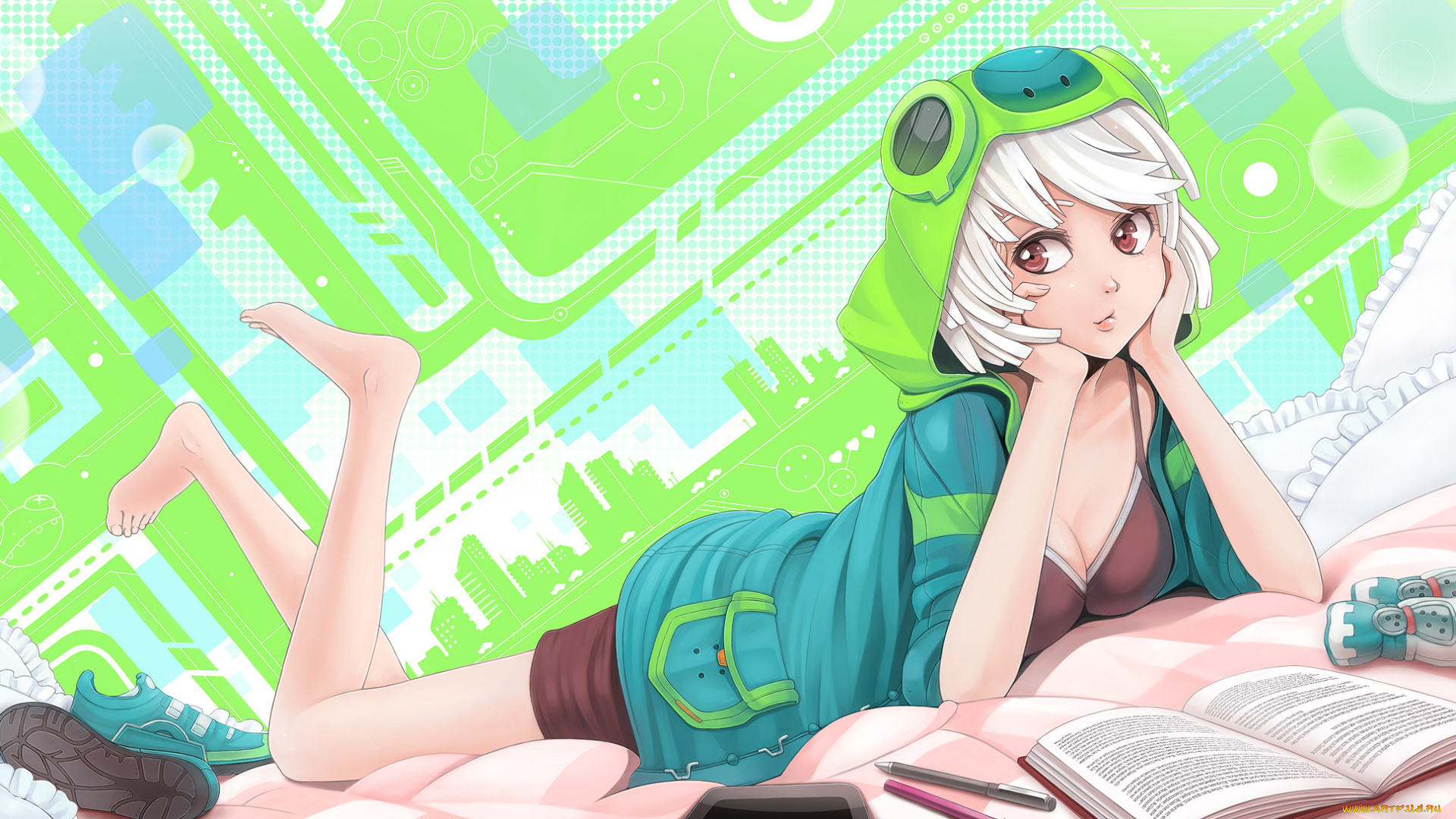 аниме, *unknown, , другое, книга, ручка, кроссовки, подушки, кровать, девушка