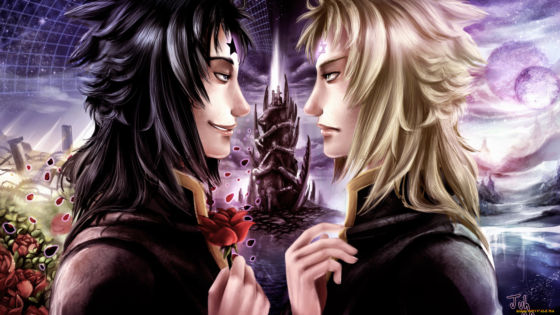 аниме, *unknown, , другое, улыбка, двое, роза, цветы, блондин, брюнет, светлый, тёмный, парни