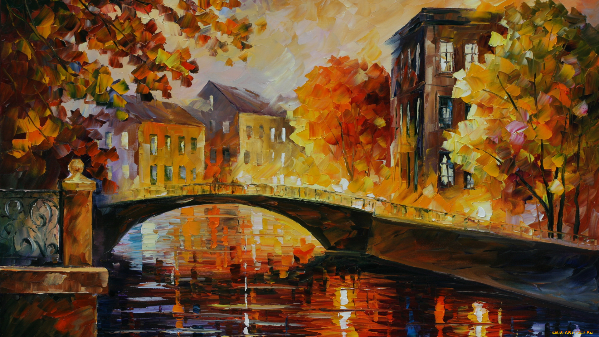 рисованные, leonid, afremov, пейзаж, деревья, осень, дома, мостик, городской, leonid, afremov