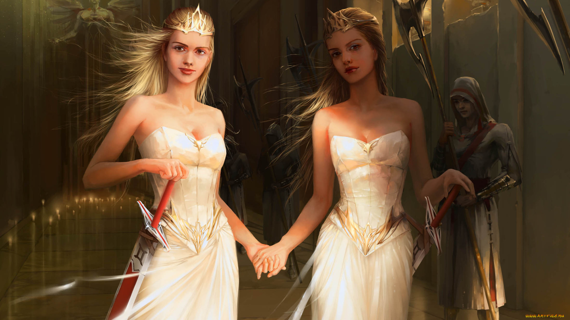рисованные, люди, свечи, статуя, мечи, короны, платья