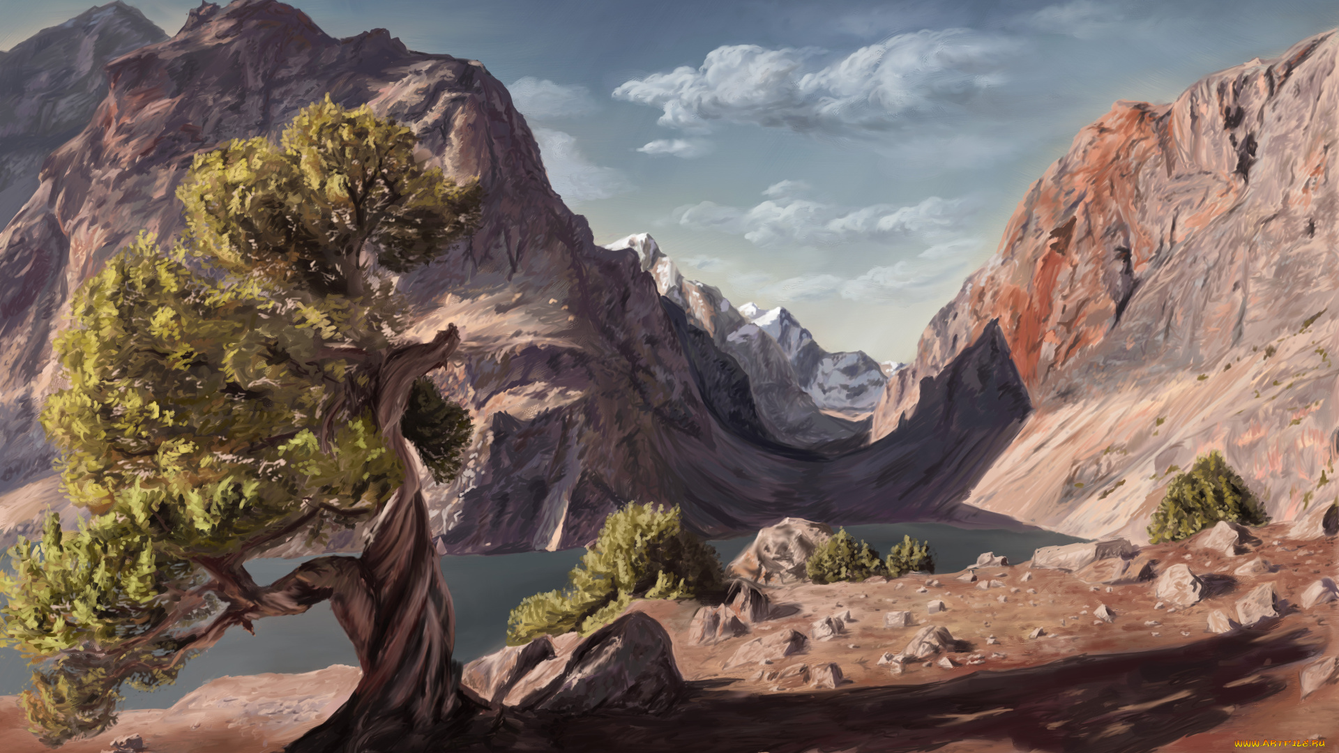 рисованные, природа, дерево, горы