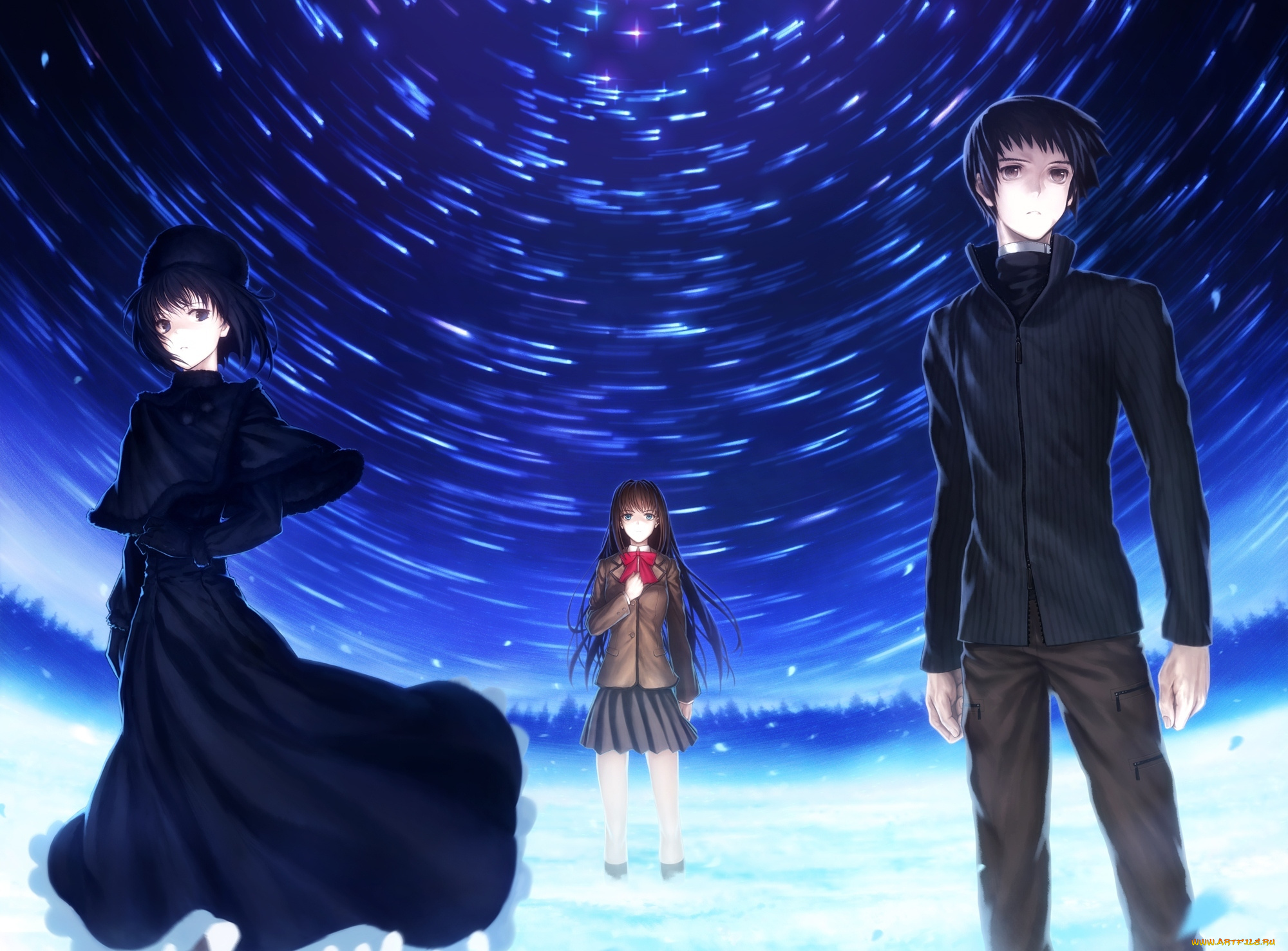 аниме, mahou, tsukai, no, yoru, ночь, shizuki, soujuurou, kuonji, alice, aozaki, aoko, парень, девушки, mahou, tsukai, no, yoru, lain, арт, лес, школьница, звезды